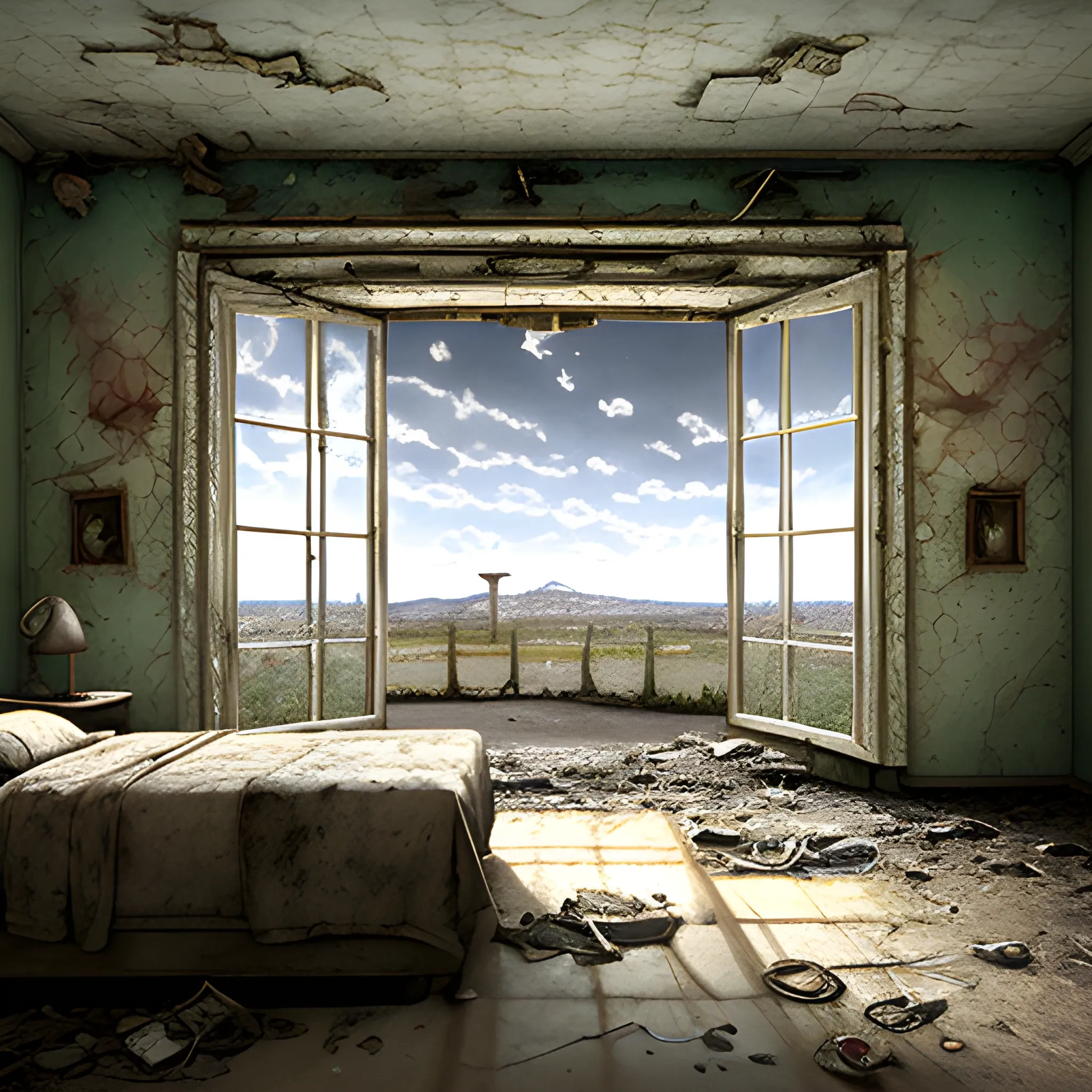 a  room with a bed and a window, a detailed matte painting by Salvadore Dali, cgsociety, photorealism, post apocalyptic room exterior, outside abandoned  motel, room of a motel, war, Water Color