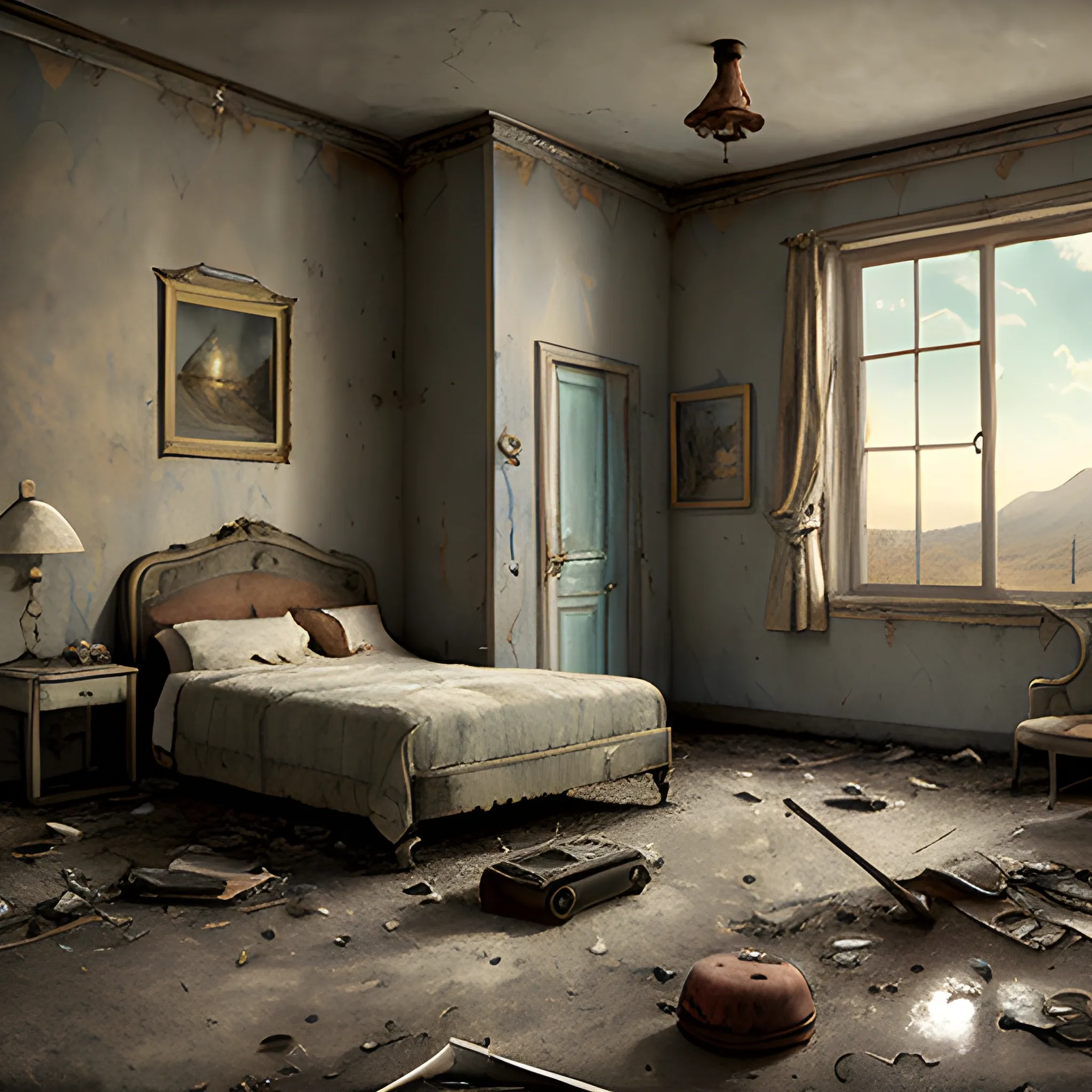 a  room with a bed and a window, a detailed matte painting by Salvadore Dali, cgsociety, photorealism, post apocalyptic room exterior, outside abandoned  motel, room of a motel, musical instruments, violin, Water Color