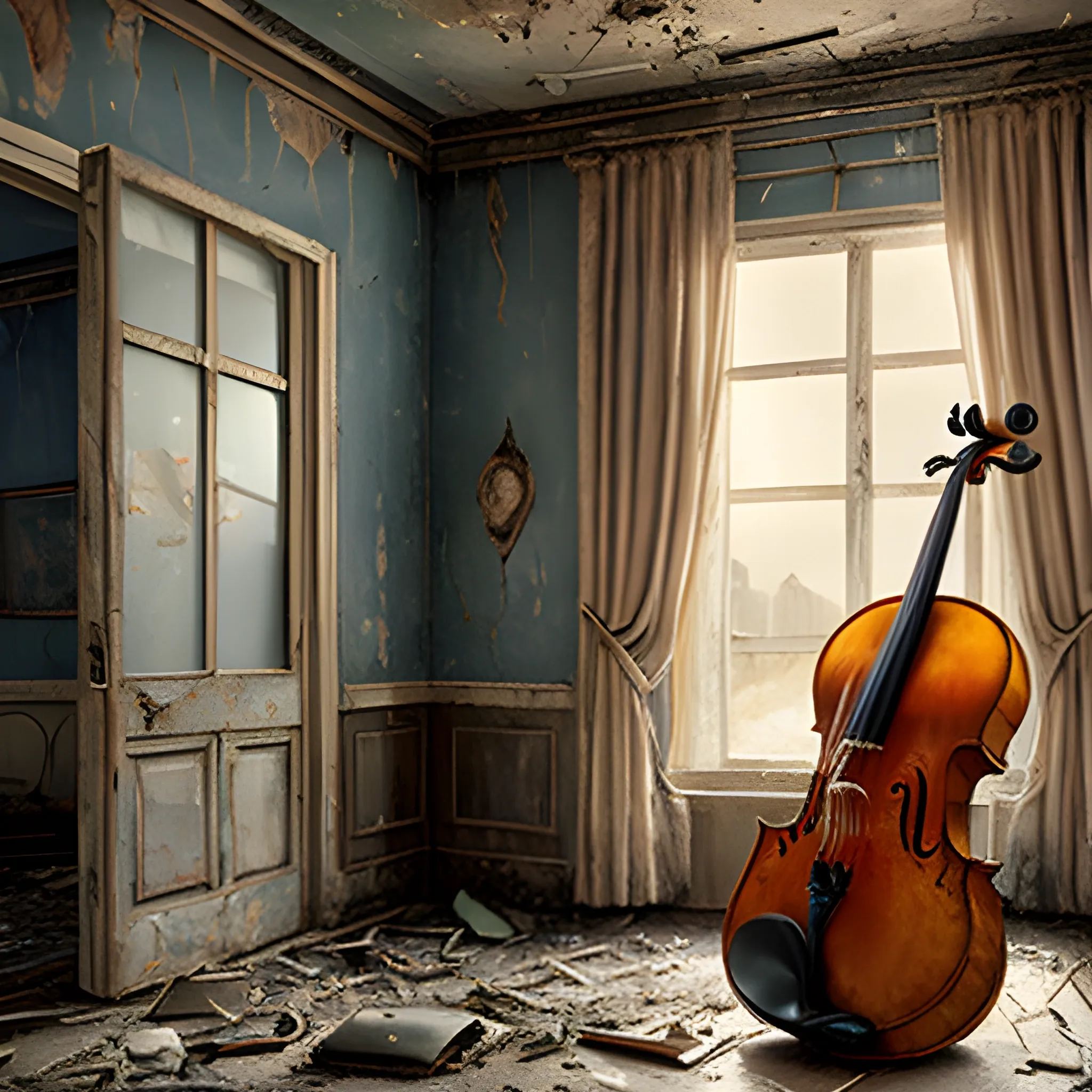 a  room with a cello and a window, a detailed matte painting by Salvadore Dali, cgsociety, photorealism, post apocalyptic room exterior, outside abandoned  theater, room of a motel, musical instruments, violin, Water Color