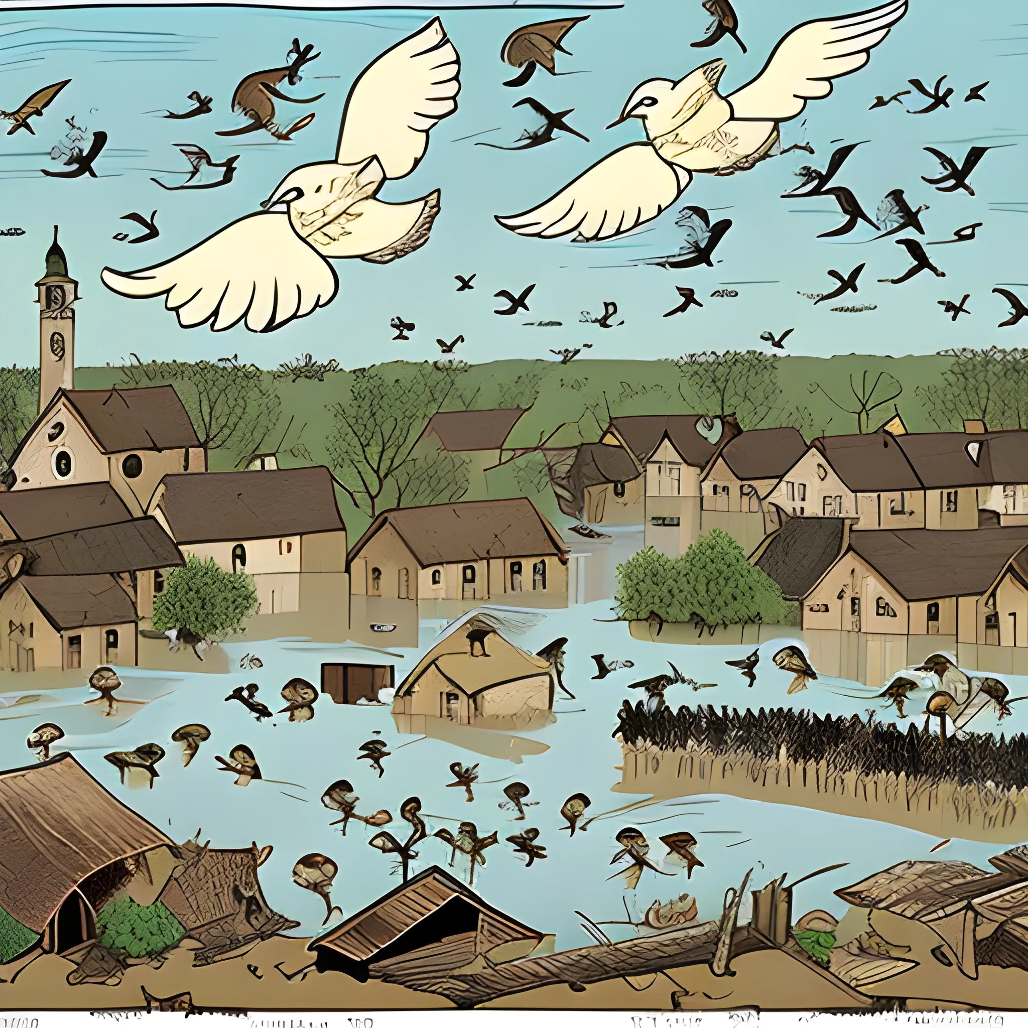 Jamestown, flood, birds,, Cartoon