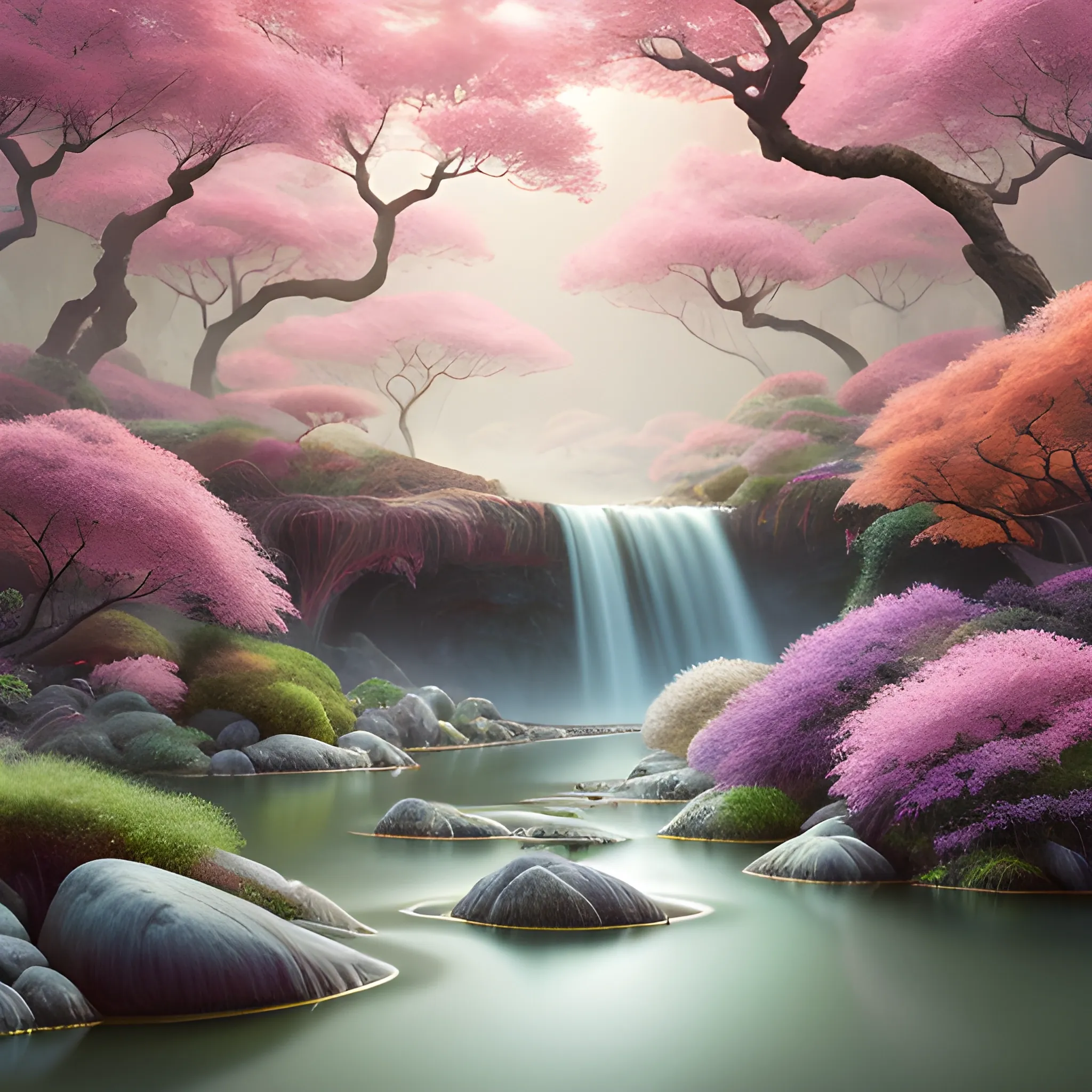 (by Ananta Mandal (and Andrew Biraj:0.5)), (in the style of nihonga), Style: Abstract, Medium: Digital illustration, Subject: An otherworldly landscape with floating islands, cascading waterfalls, and vibrant flora and fauna. Camera Angle: Overhead shot capturing the vastness and intricate details of the scene. The colors are saturated, and the lighting creates a warm and ethereal atmosphere. The painting is highly detailed, with every brushstroke capturing the complexity of the imaginary world., (high quality), (detailed), (masterpiece), (best quality), (highres), (extremely detailed), (8k)