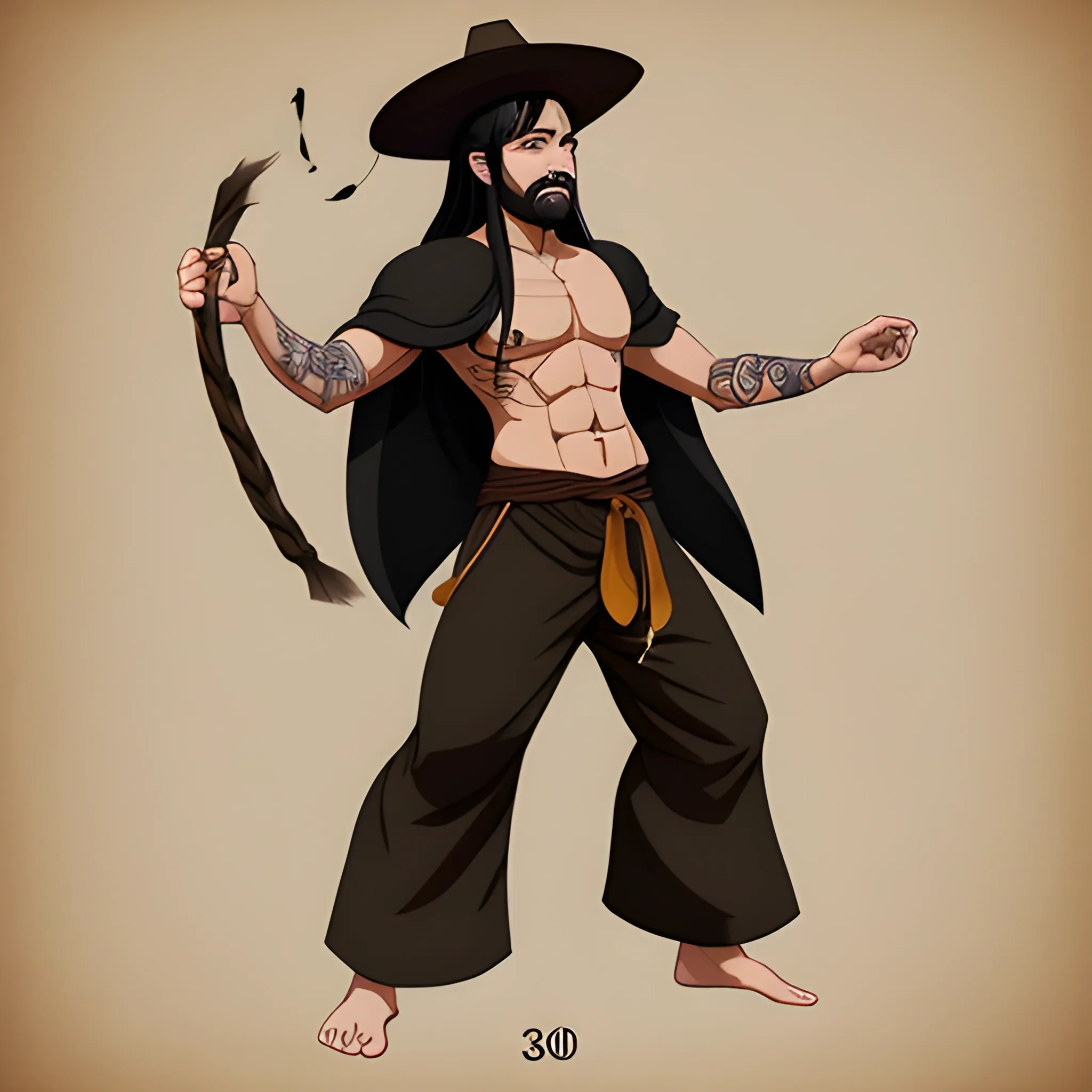 Dnd character, human monk, black hair, with a japanese straw hat and long hair falling from it, thin beard, brown eyes, black tattoos, 30 years old, show standing up. Show full body on image, light cloths, body slim like bruce lee. Do not use NSFW content