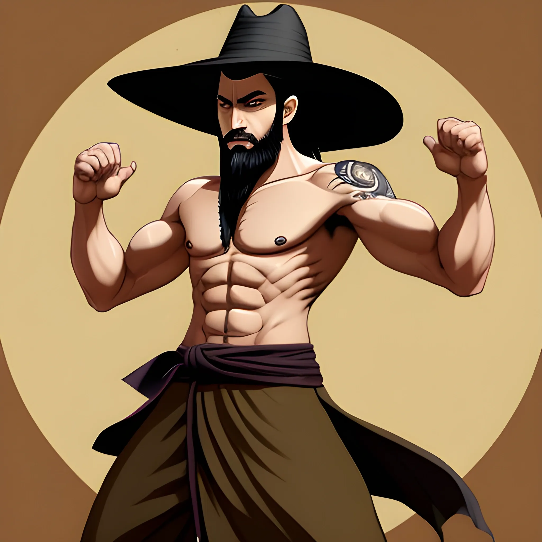 Dnd character, human monk, black hair, with a japanese straw hat and long hair falling from it, thin beard, brown eyes, black tattoos, 30 years old, show standing up. Show full body on image, light cloths, body slim like bruce lee. Do not use NSFW content