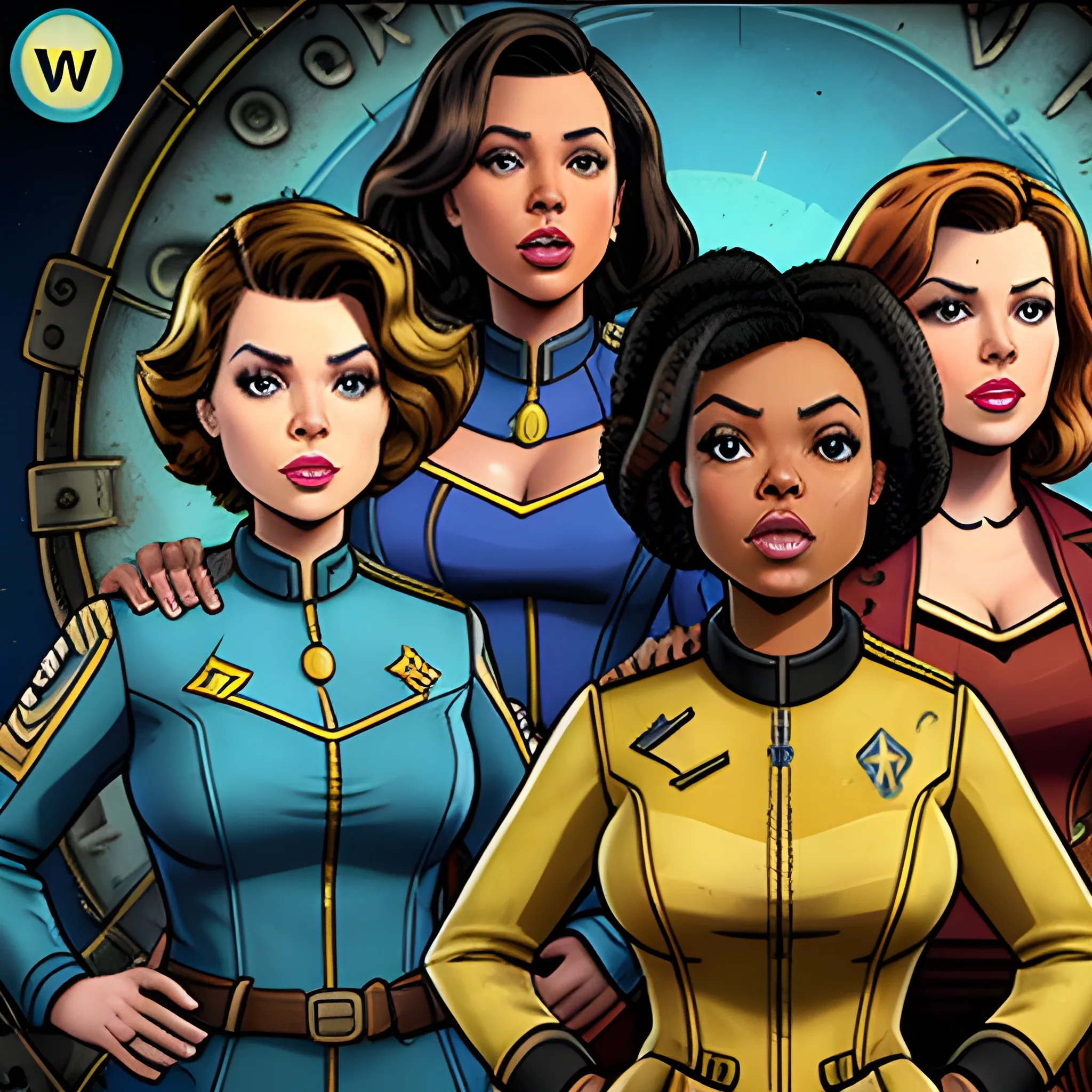 In the style of Fallout New Vegas, masterpiece, group of( Yvette Nicole Brown and Allison Brie and and Gillian Jacobs) as vault dwellers in blue vault suit