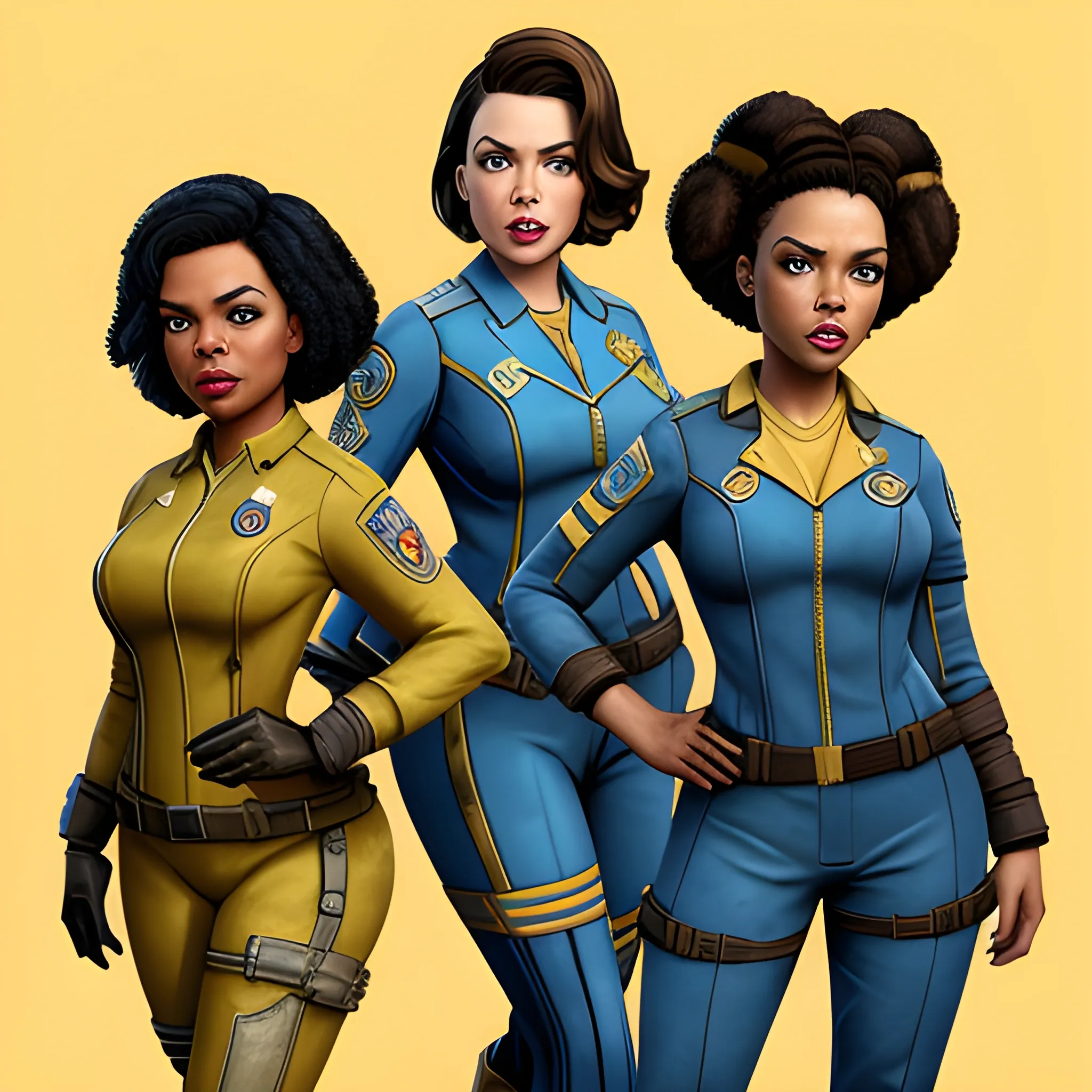 In the style of Fallout New Vegas, masterpiece, Yvette Nicole Brown and Allison Brie and and Gillian Jacobs as vault dwellers in blue vault suits