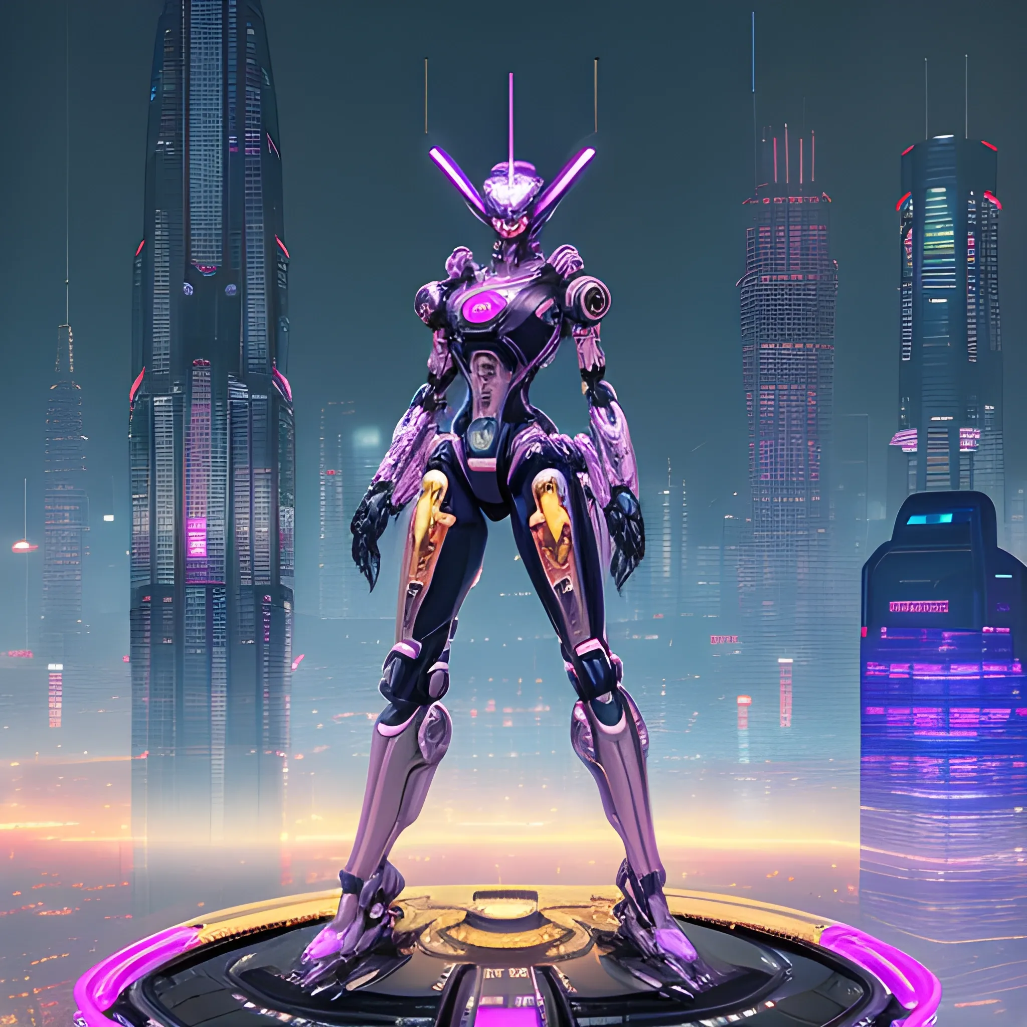 A captivating female mecha stands atop a towering skyscraper, overlooking the cyberpunk-inspired cityscape below. Her sleek, iridescent pink armor gleams, accentuating her perfectly balanced, golden-ratio physique. The cityscape is awash in the vibrant glow of neon lights, with high-rises and skyscrapers dotting the horizon, creating a futuristic, technologically-advanced atmosphere. This scene seamlessly blends fashion and science fiction, harmonizing the beauty of machinery and nature, embodying the alluring charm of a futuristic metropolis, 3D