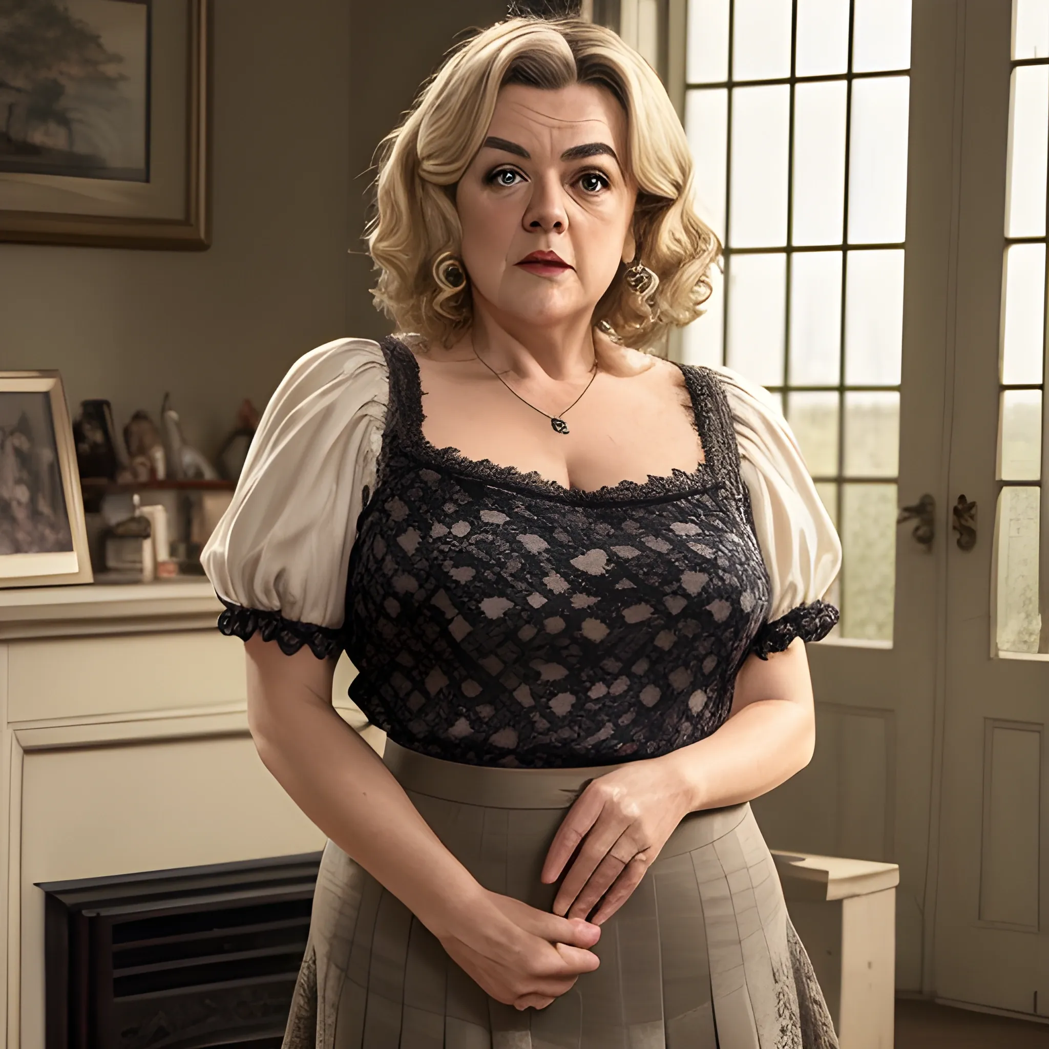 42 year old Gwen taylor looking at the camera, realistic, split skirt, low cut blouse, lace stocking tops, full body view, dark hair