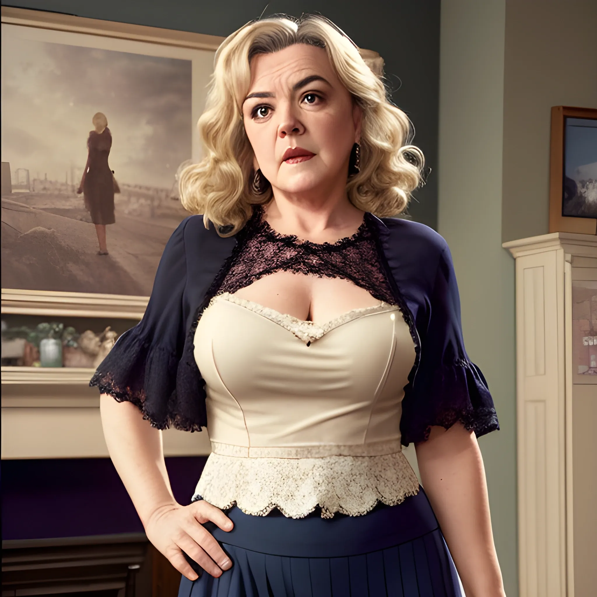 42 year old Gwen taylor looking at the camera, realistic, split skirt, low cut blouse, lace stocking tops, full body view, dark hair