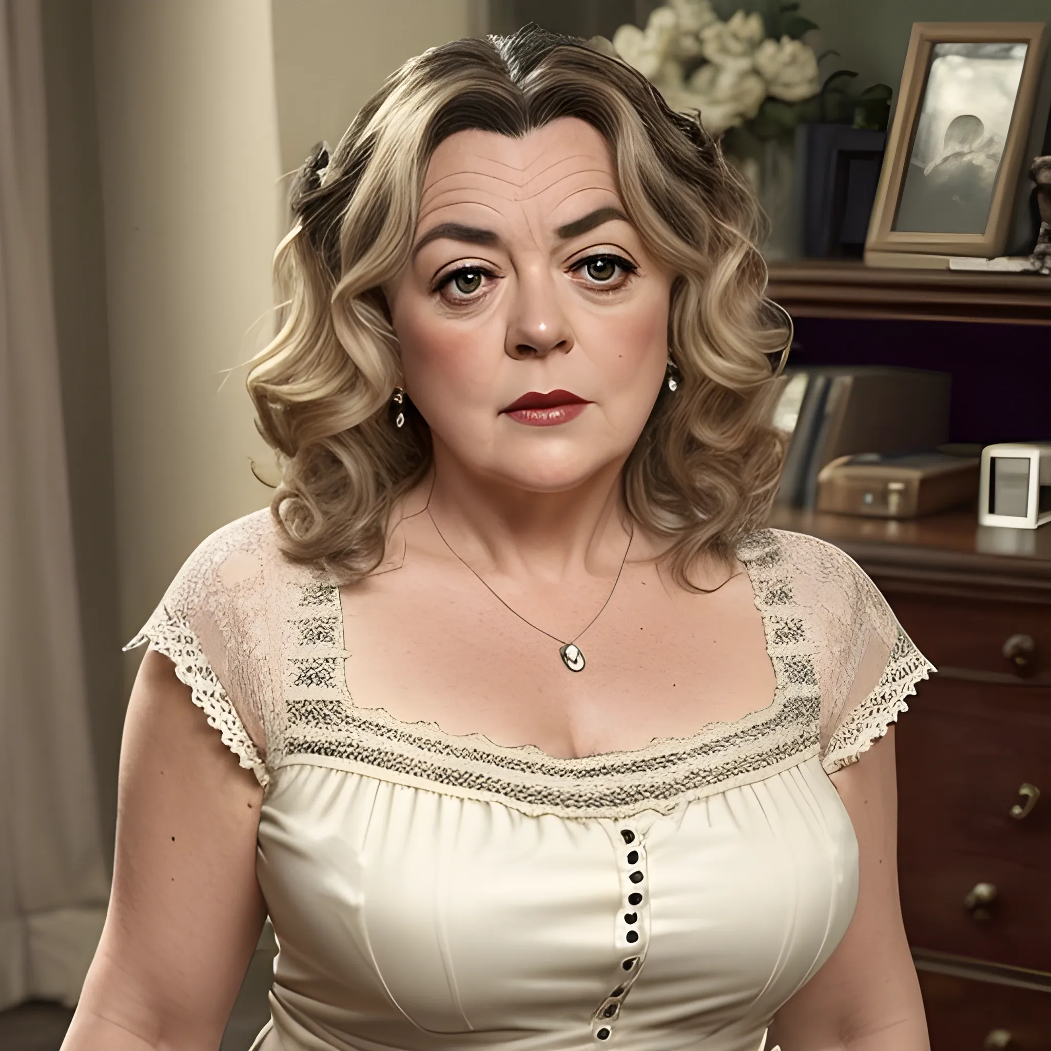 42 year old Gwen taylor looking at the camera, realistic, split skirt, low cut blouse, lace stocking tops, full body view, dark hair, high heels