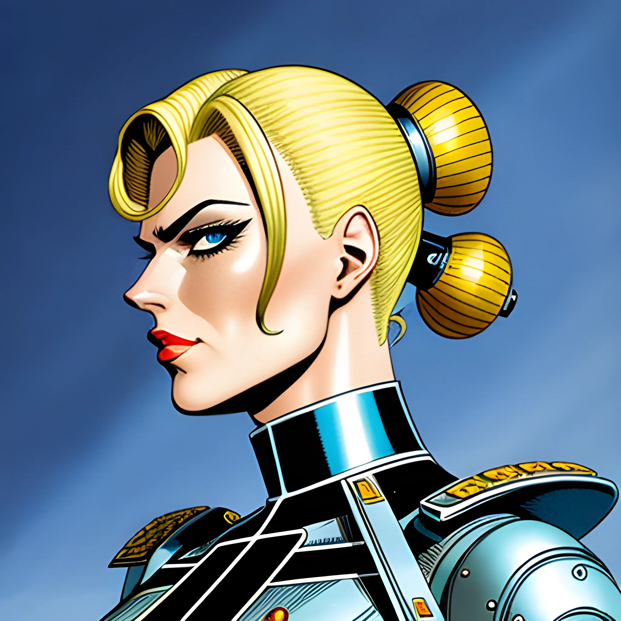 futuristic steampunk giant starship, macro art, portrait of stern anime girl blonde hair blue eyes wearing military nazi ss uniform, ripples, illustration by al williamson, perfect face viewed in profile