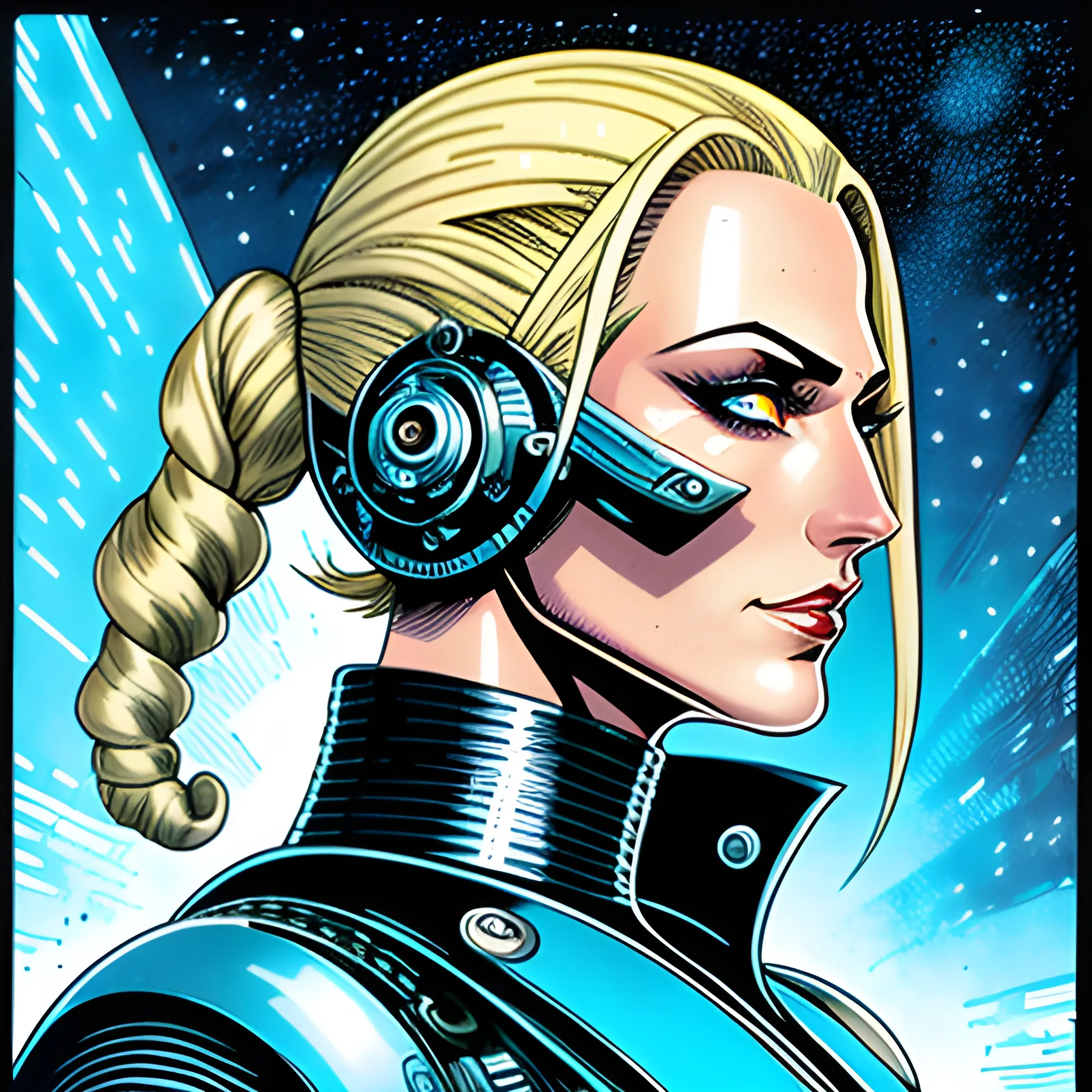 full body, futuristic steampunk giant starship, macro art, portrait of stern anime girl blonde hair blue eyes wearing military nazi ss uniform, ripples, illustration by al williamson, perfect face viewed in profile