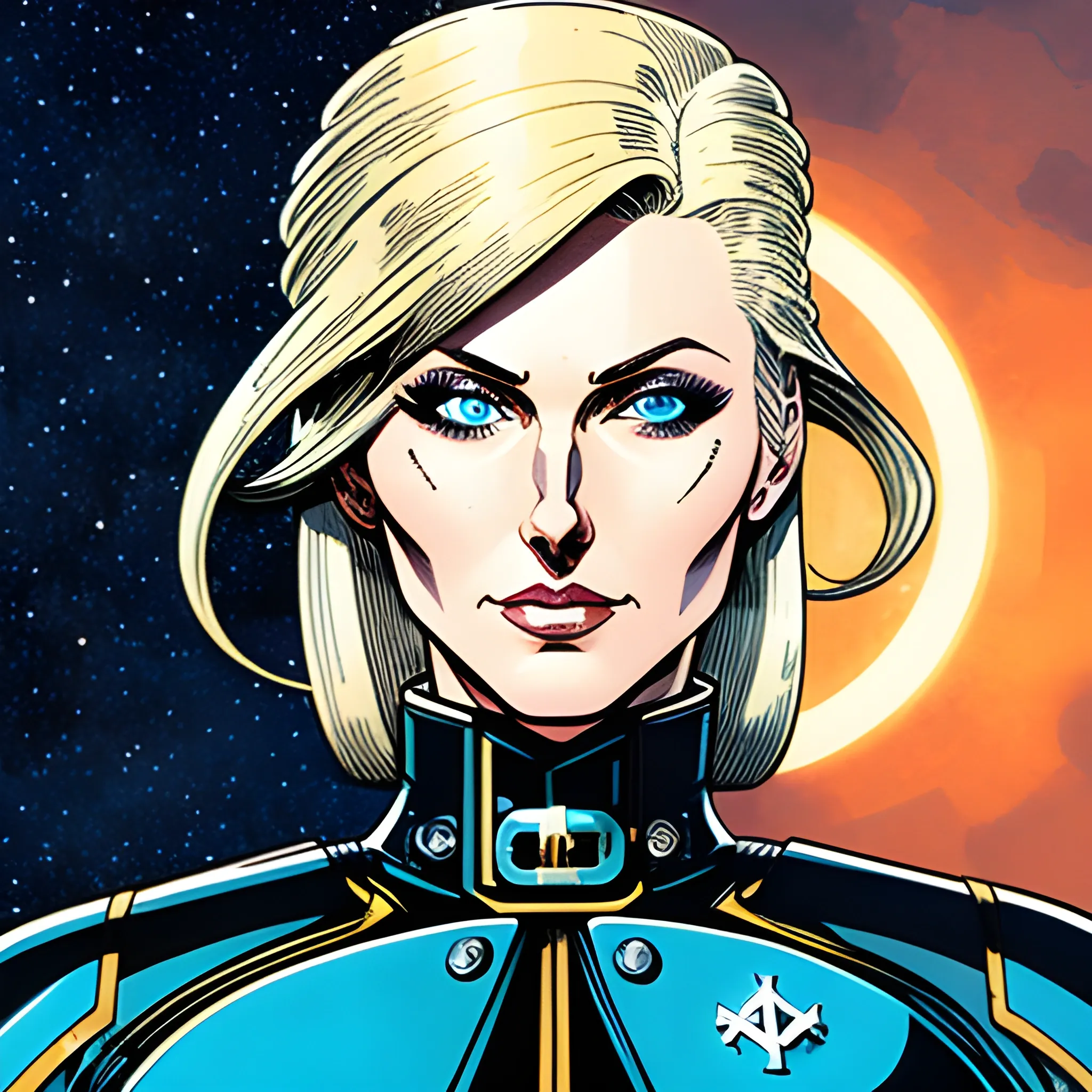 futuristic steampunk giant starship, macro art, portrait of stern anime girl blonde hair blue eyes wearing military nazi ss uniform, ripples, full body illustration by al williamson, perfect face viewed in profile