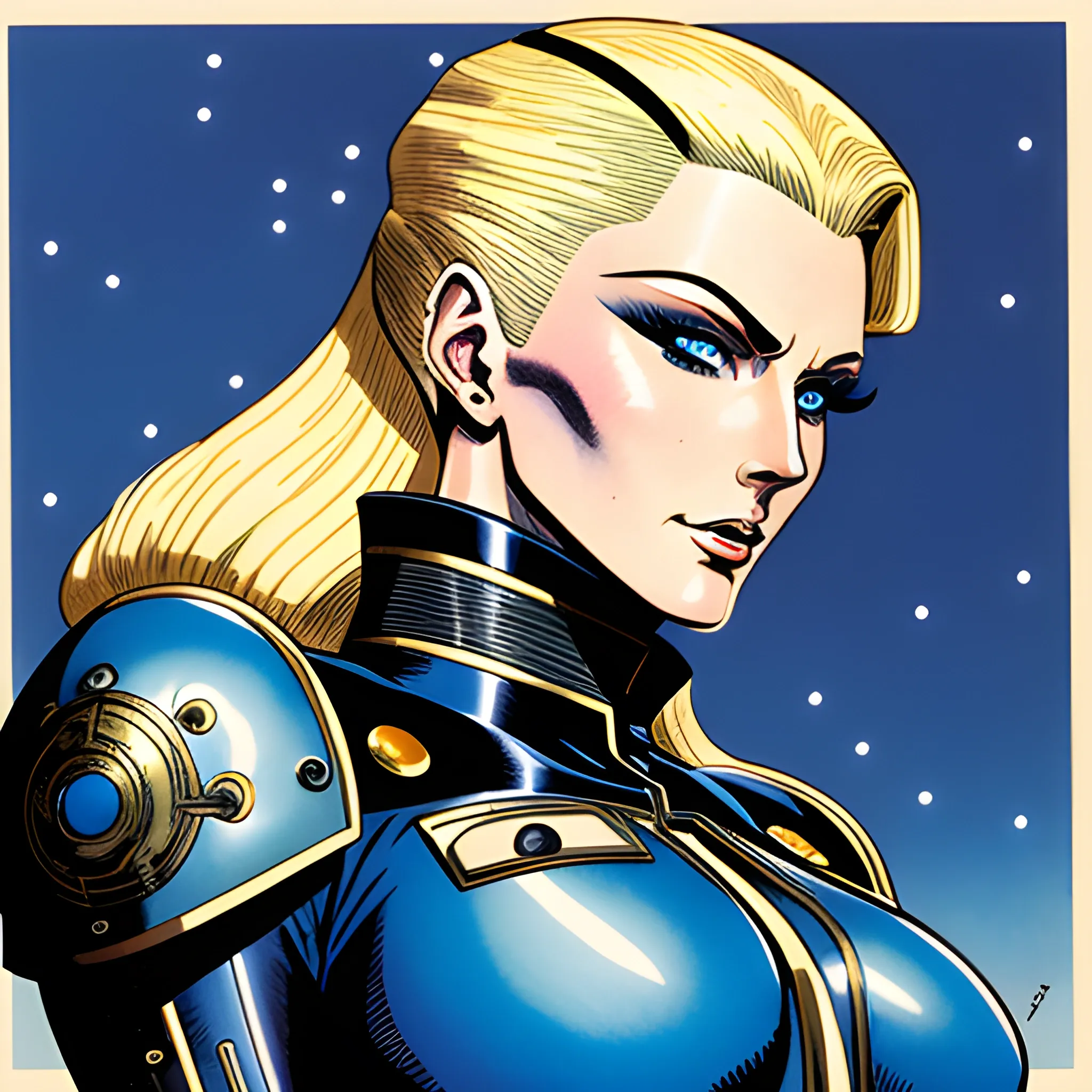 futuristic steampunk giant starship, macro art, anime girl blonde hair blue eyes wearing military nazi ss uniform, ripples, full body illustration by al williamson, perfect face viewed in profile