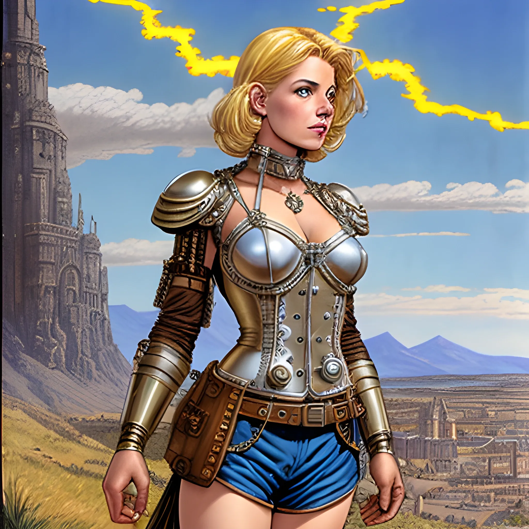 character concept art of a steampunk woman engineer | | blonde, by steve hanks, tan shorts, mount ararat very far away in the background, medieval poster, intricate upper body, lightning fantasy magic, illustration by al williamson