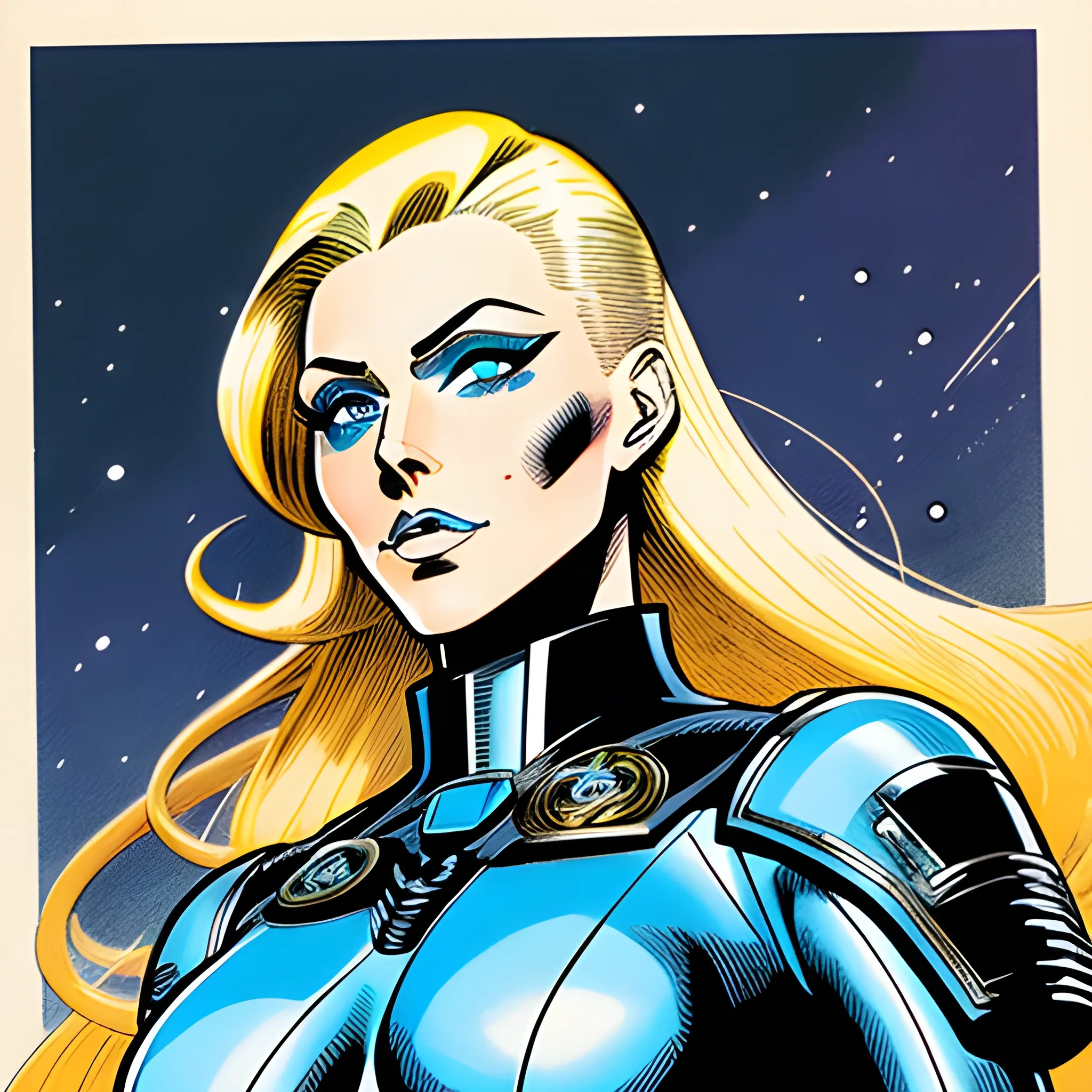 futuristic steampunk giant starship, macro art, anime girl blonde hair blue eyes wearing military nazi ss uniform, ripples, full body, illustration by al williamson, perfect face viewed in profile