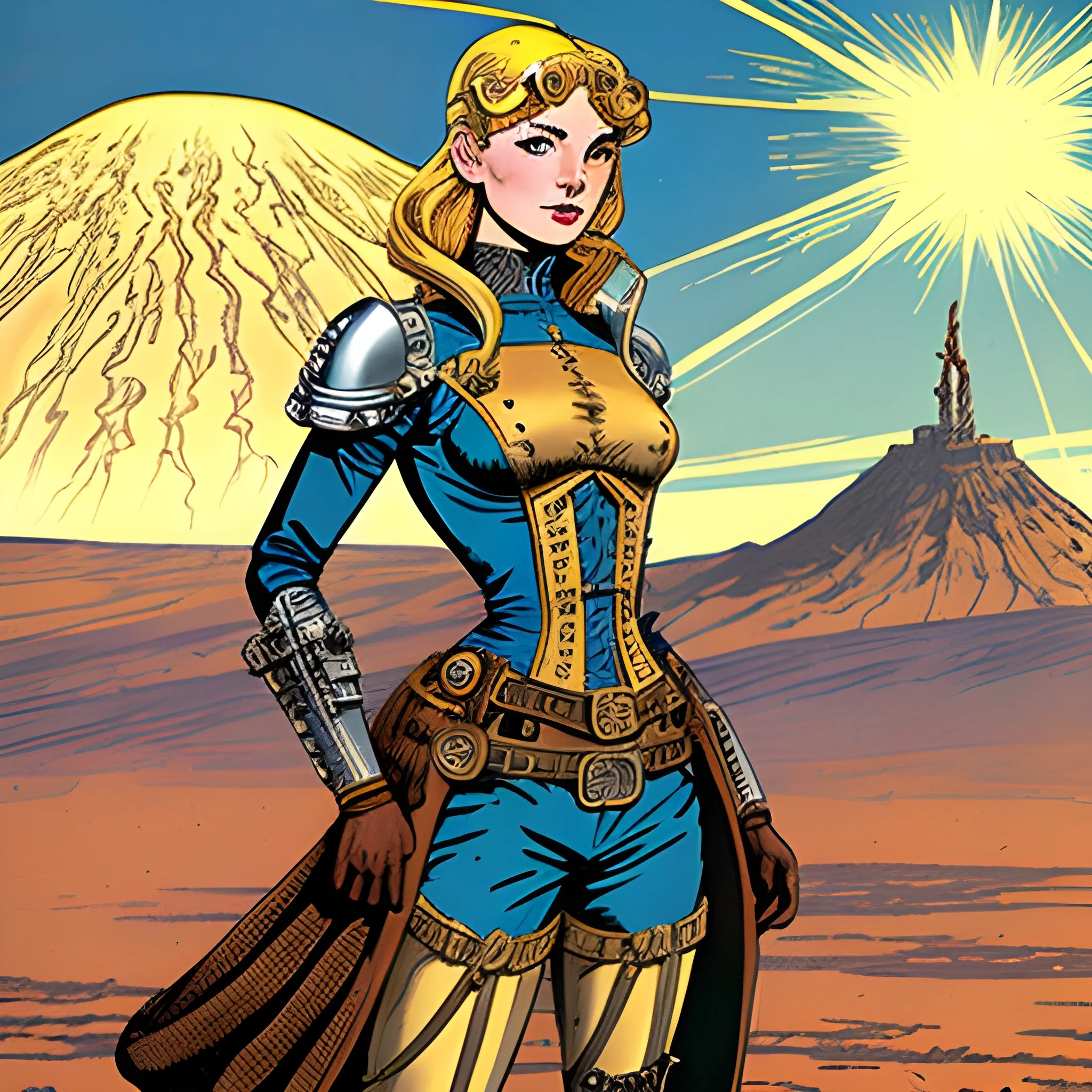 character concept art of a steampunk woman engineer | | blonde, full body, illustration by Al Williamson, tan shorts, mount ararat very far away in the background, medieval poster, intricate upper body, lightning fantasy magic,