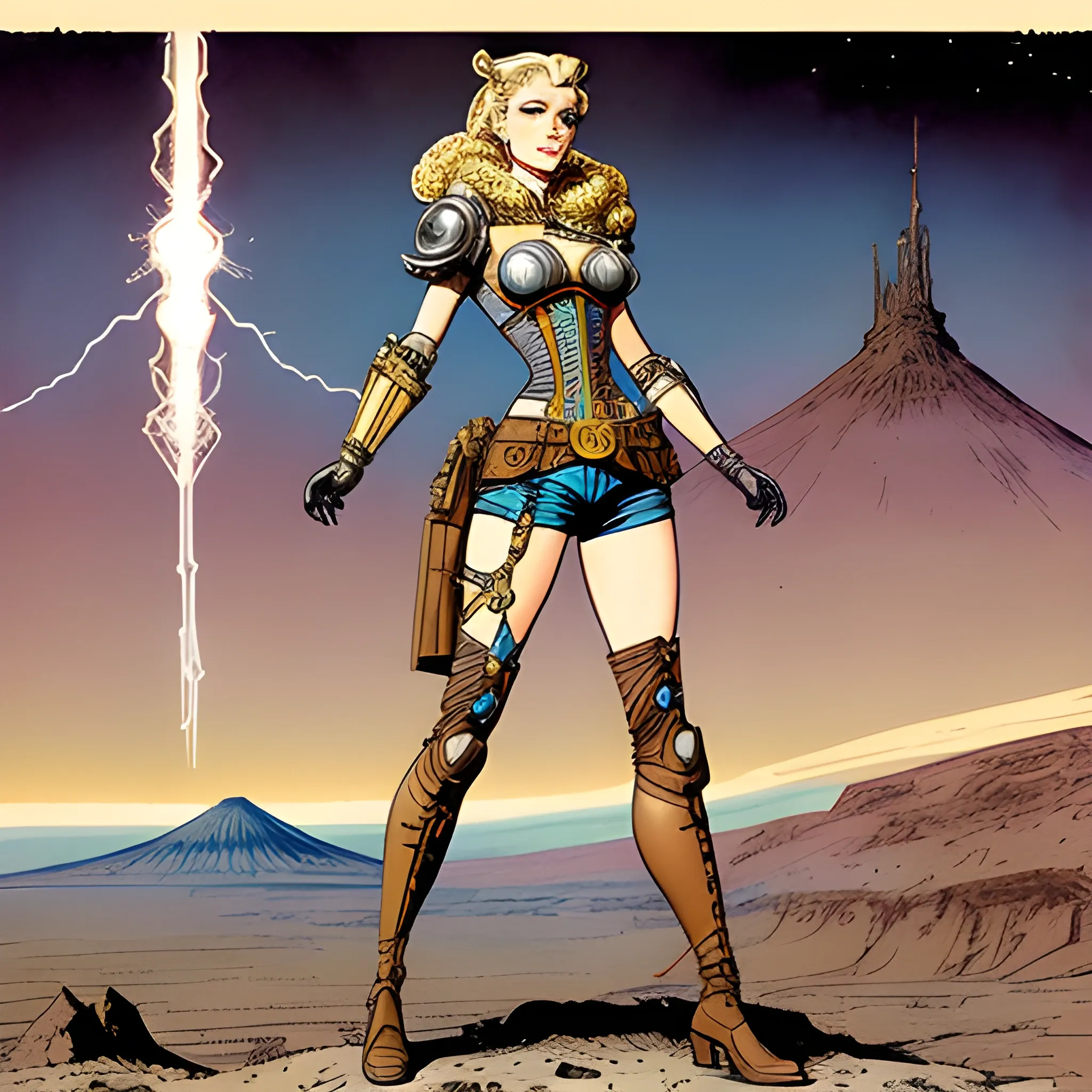 full body character concept art of a steampunk woman engineer | | blonde, illustration by Al Williamson, tan shorts, mount ararat very far away in the background, medieval poster, intricate upper body, lightning fantasy magic,
