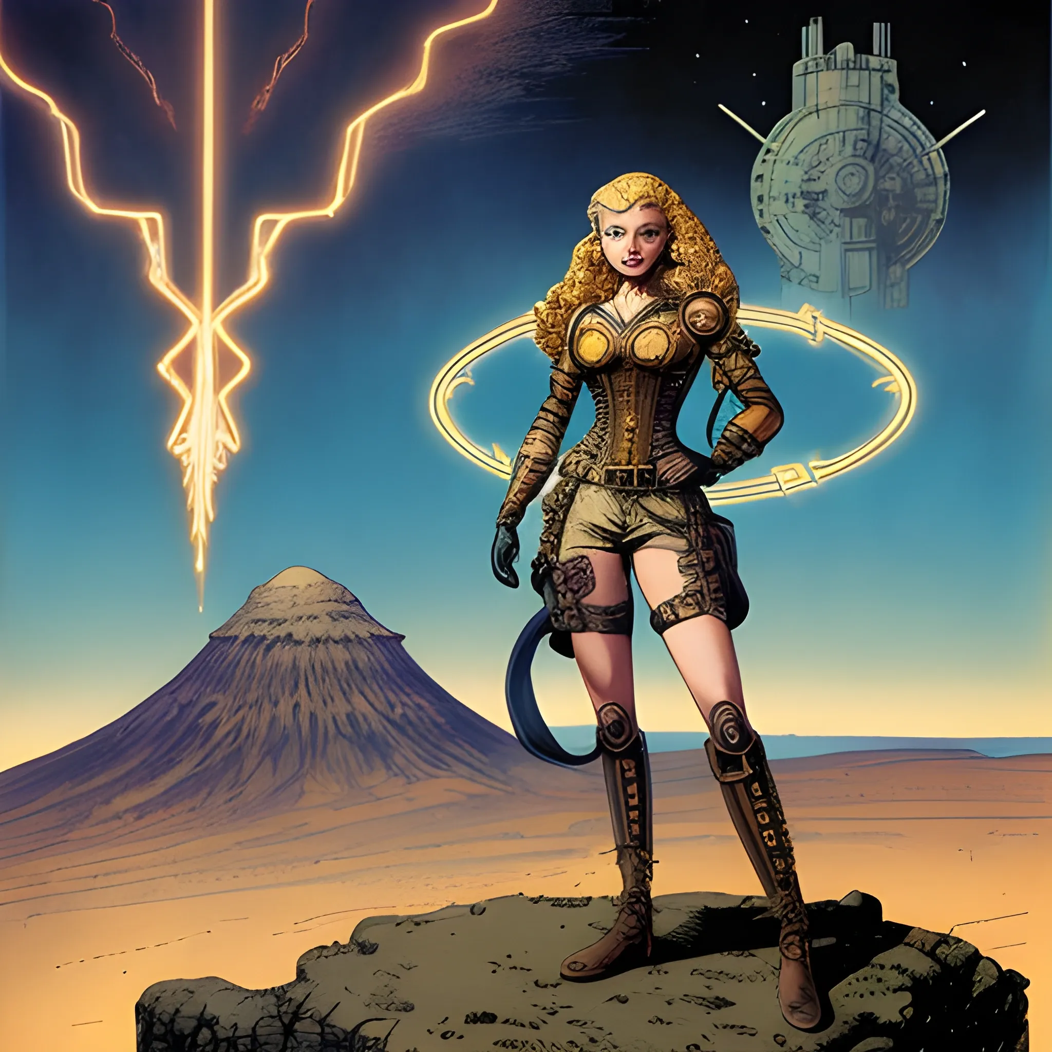 full body character concept art of a steampunk woman engineer | | blonde, illustration by Al Williamson, tan shorts, mount ararat very far away in the background, medieval poster, intricate upper body, lightning fantasy magic, 8k