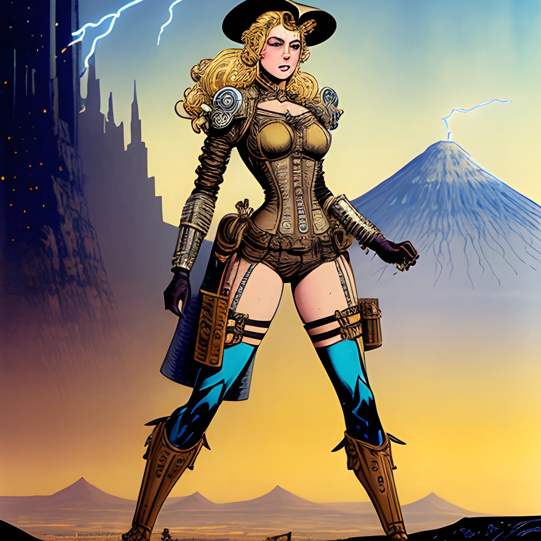 full body character concept art of a steampunk woman engineer | | blonde, illustration by Al Williamson, tan shorts, mount ararat very far away in the background, medieval poster, intricate upper body, lightning fantasy magic, macro art