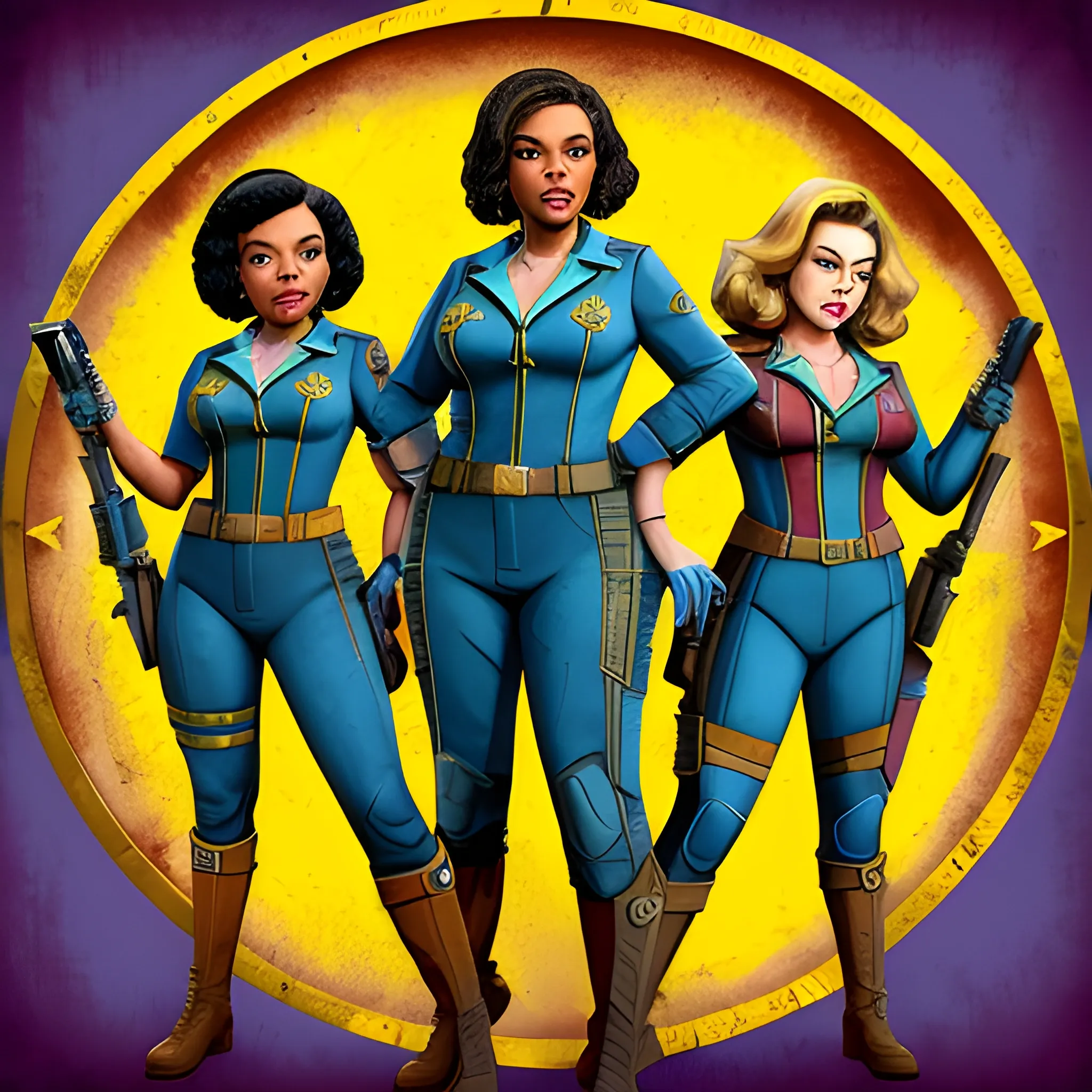 In the style of Fallout New Vegas, masterpiece, Yvette Nicole Brown and Allison Brie and and Gillian Jacobs as vault dwellers in blue vault suits