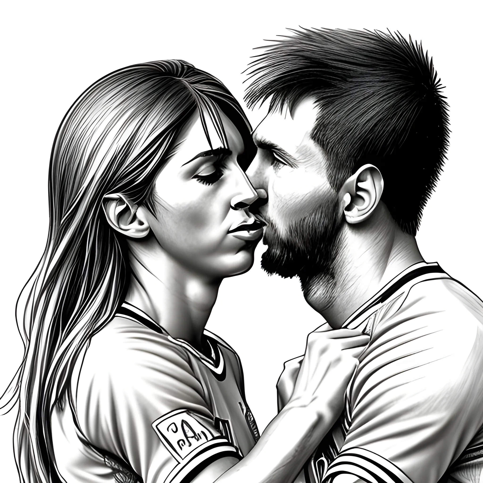 Drawing Messi and Antonella Rocuzzo giving each other a full body kiss. Pencil Sketch.