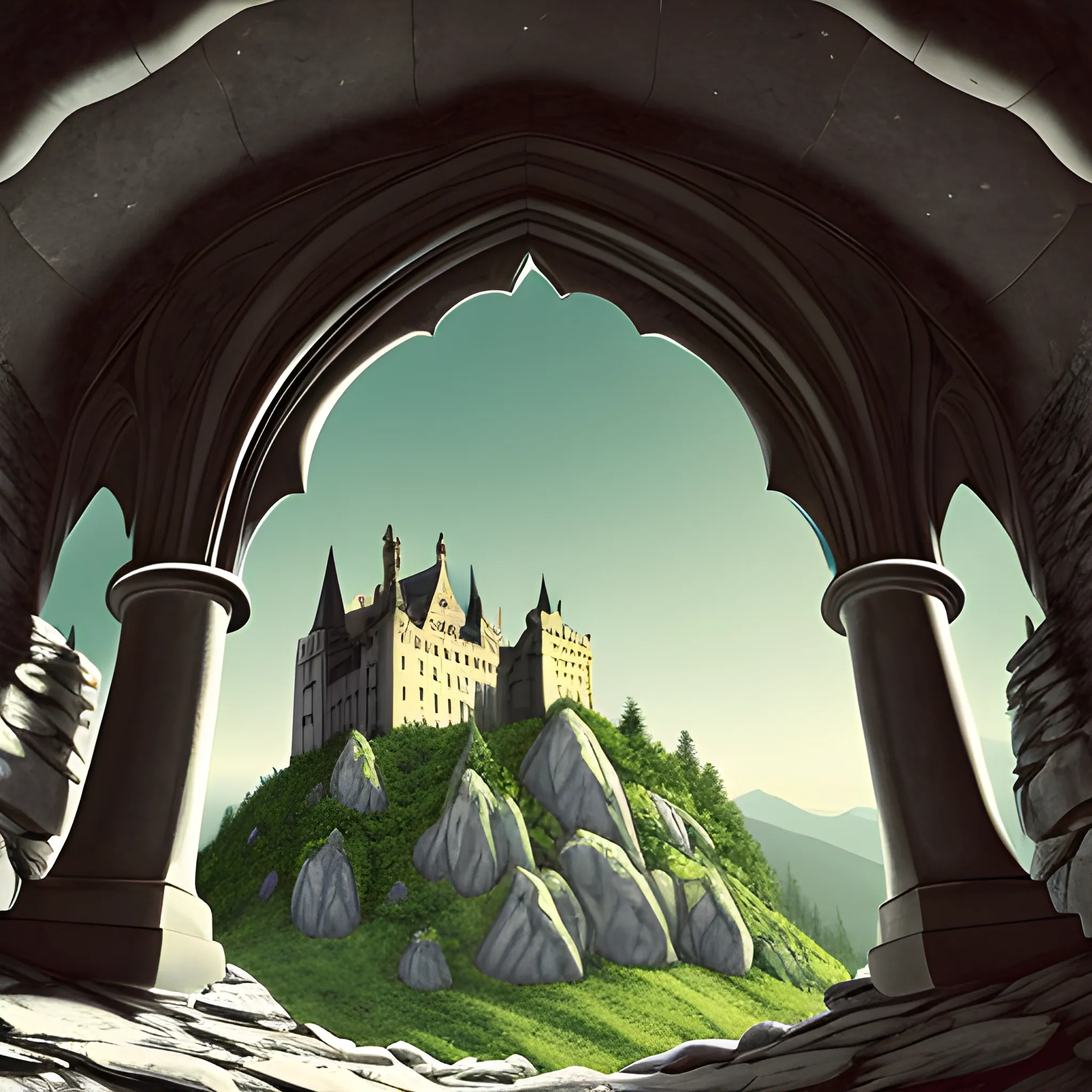 A Gothic Castle sitting on a mountain with a man staring up at it, Cartoon