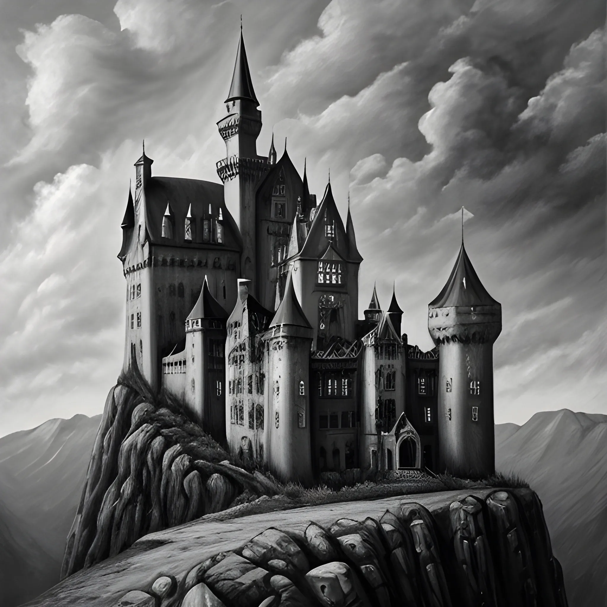A Gothic Castle sitting on a mountain with a man staring up at it, , Oil Painting, grayscale