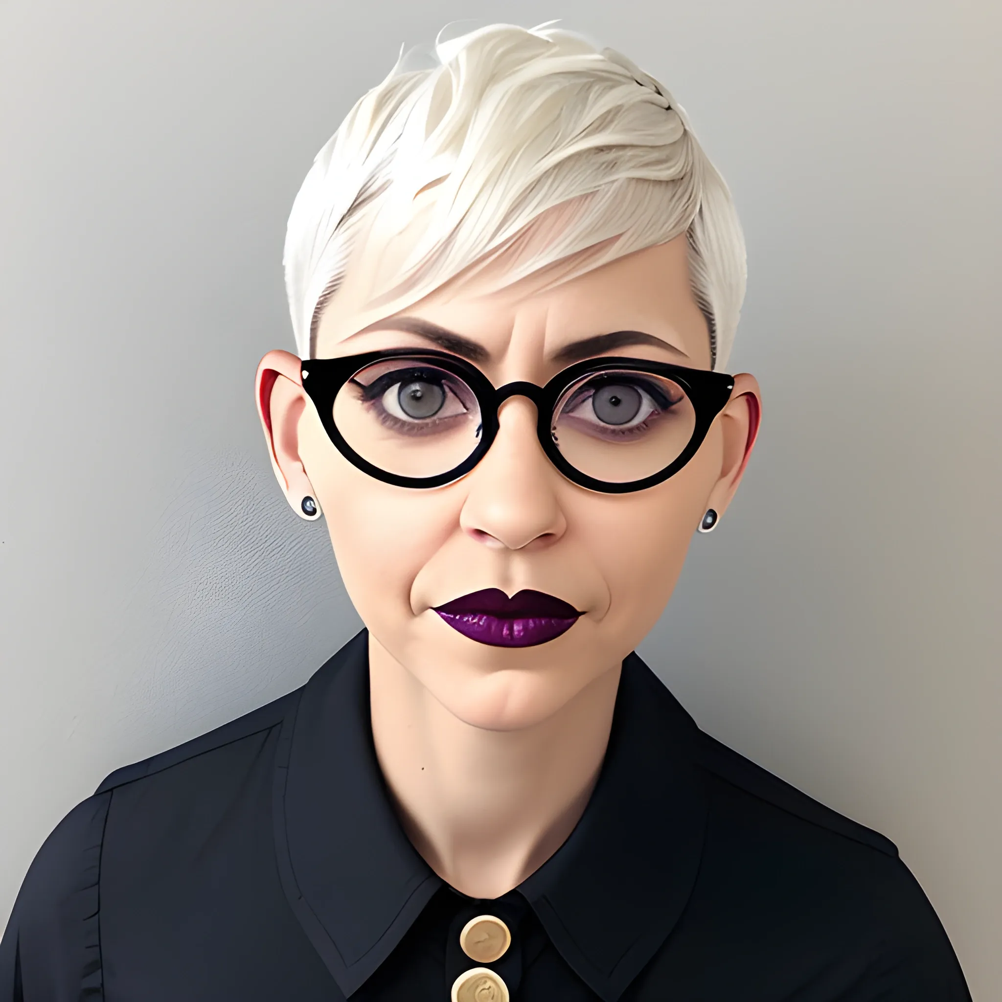 Glasses  200 lbs 44 years old european light skin woman, short platinum pixie cut hair, round button nose, big hazel eyes, dark lips, medium size chest, vintage dress