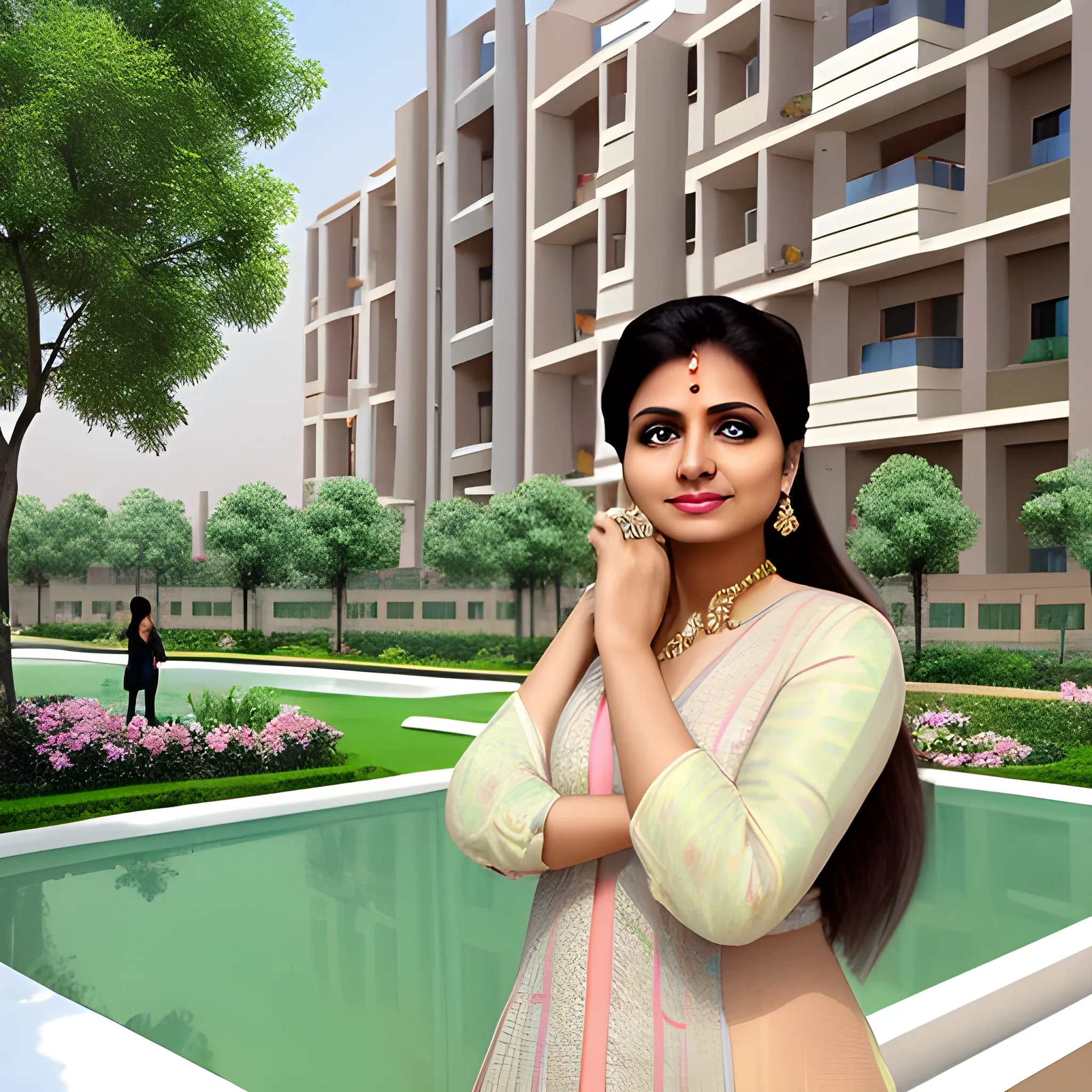 a beautiful lady looking at the new project of OXIRICH Chintamani in Sector 103 Gurgaon, 3D