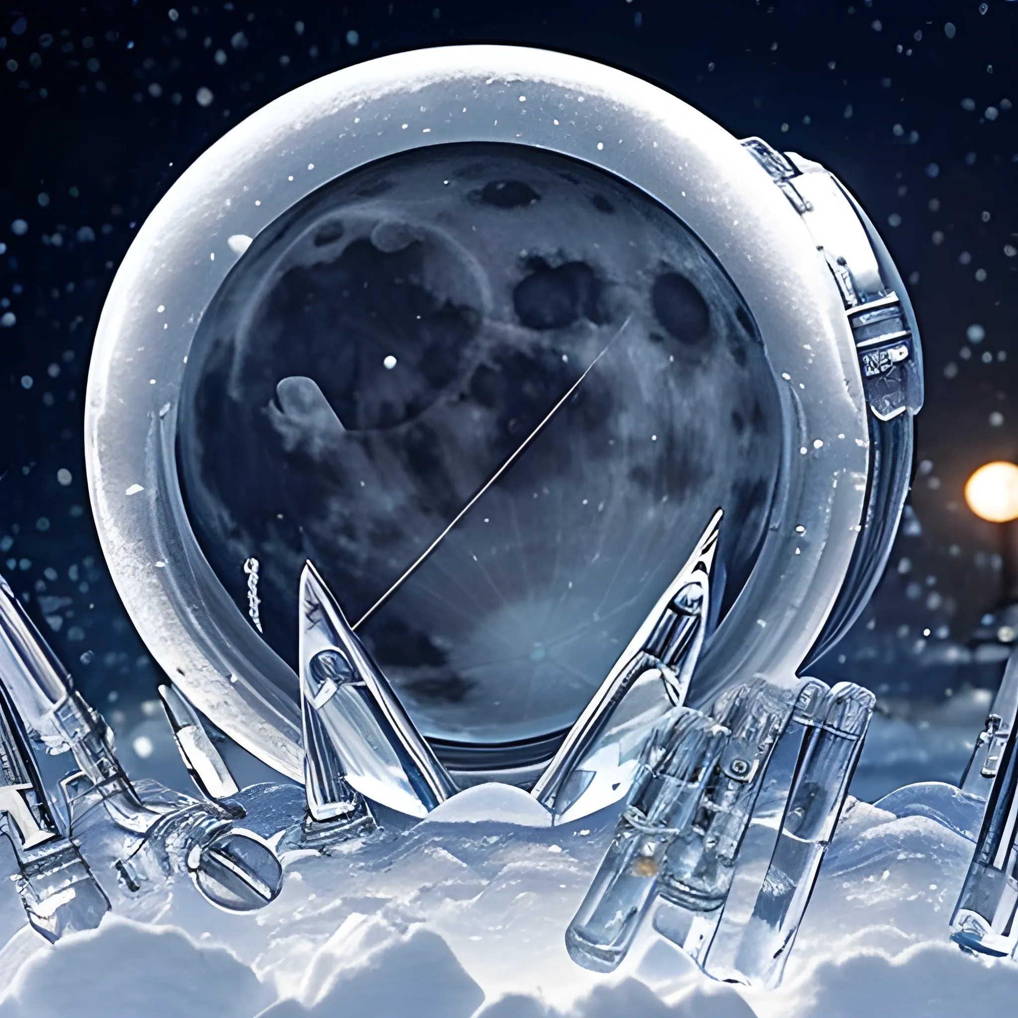 Clear close -up, in front of the silver moonlight on the snow background, the dynamic arrangement is neatly arranged and neatly arranged. The loss has science fiction distortion.