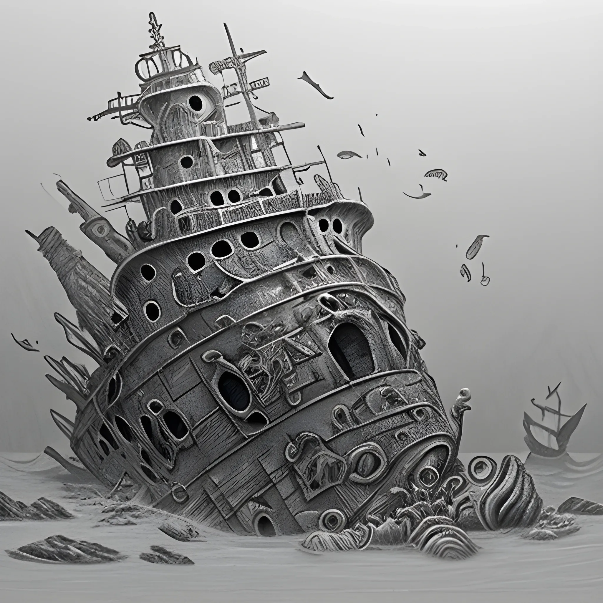 Ship wreck under The sea. Lots of details and coral on The back , Pencil Sketch