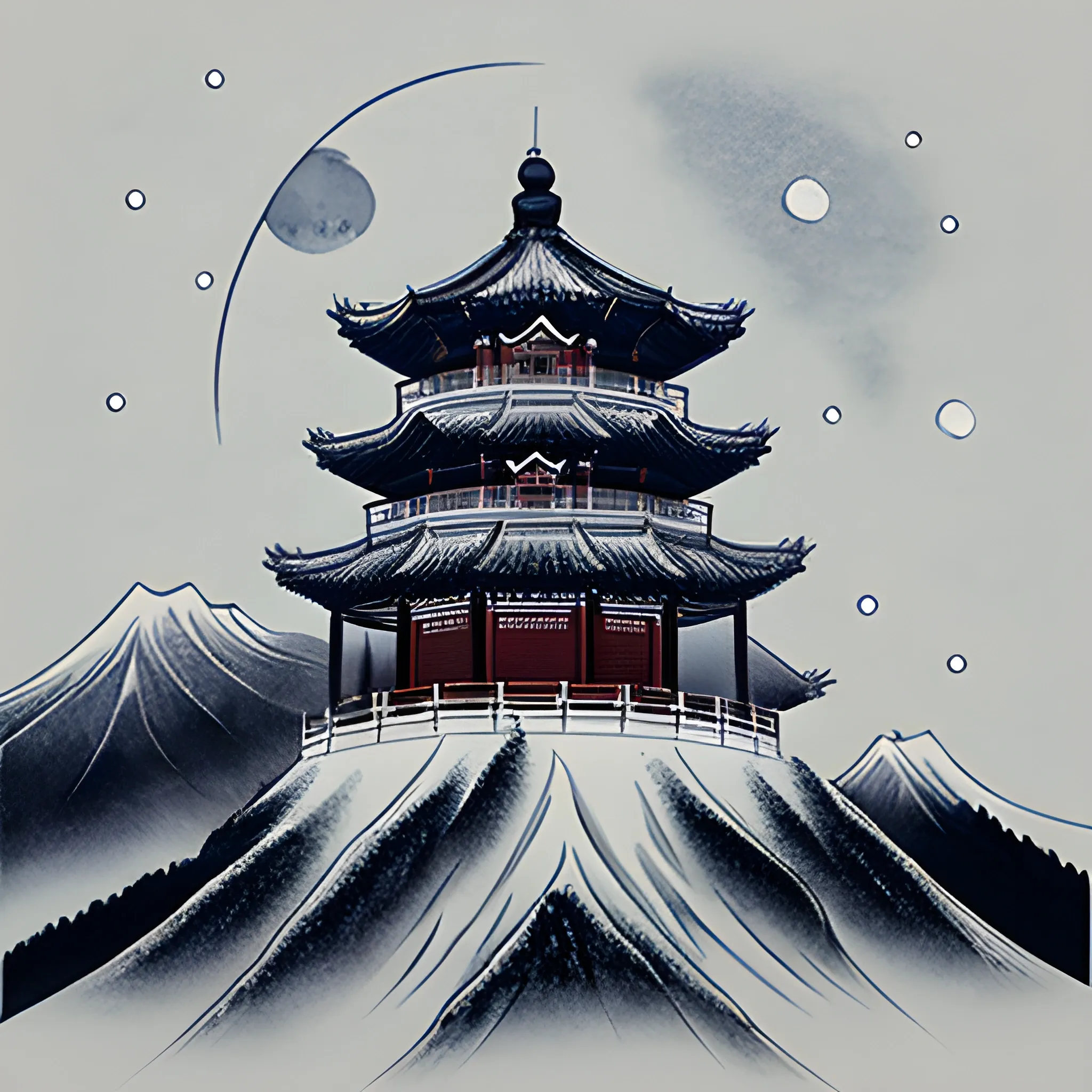 Mysterious Chinese mountain scenery, moon phase, snow and fog, pagoda, traditional ink style, ultra-high details, ultra-high definition