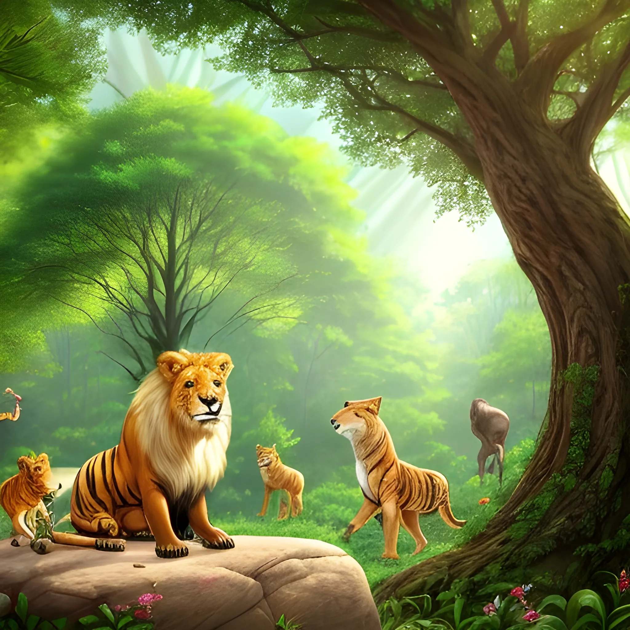 A mesmerizing forest scene with dense, green trees. Bright sunlight filters through the trees and illuminates the ground.
In the background, a natural environment enriched with flowers and various plants. The lion sits on a large rock, majestic and powerful.
The Fox, Owl, Bear, Tiger, Tortoise and Deer are arranged in a semicircle opposite the rock, listening intently to the Lion.
The Fox: He stands in front with an intelligent and curious expression.
Owl: On a branch of a tree, in a posture representing wisdom.
Bear: Sitting in a friendly and relaxed manner.
Tiger: Standing to the side with a strong and calm posture.
Tortoise: Slowly but steadily standing on the ground.
Deer: Graceful and attentive, standing in the background.
, Cartoon