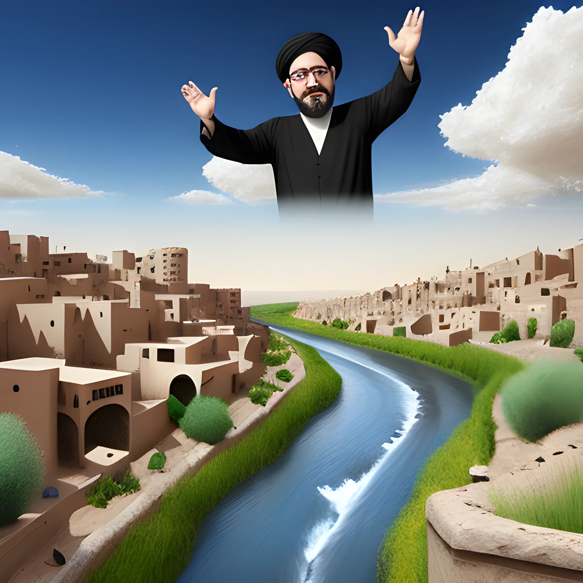 Ibrahim Raisi  in heaven forset and river, Cartoon, 3D