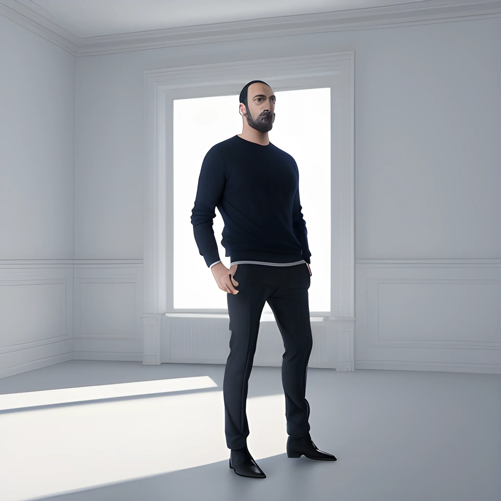 Full-length drawing of a man standing looking forward, he is Lionel Sebastián Scaloni, football director, with his hands free on the sides of his body, smooth ceramic porcelain skin, relaxed pose, not symmetrical, wears straight dress pants with darts , classic deep blue and a dark blue crewneck sweater. He is wearing black suede lace-up ankle boots, 4k, 8k, ultra-complex and detailed 3D rendering, beautiful soft edge natural light. , fashion, intricate details, hyper realistic, ultra detailed, octane rendering, volumetric lighting, 8k post-production, iridescent colors, Glenn Brown style, empty white room, 3D