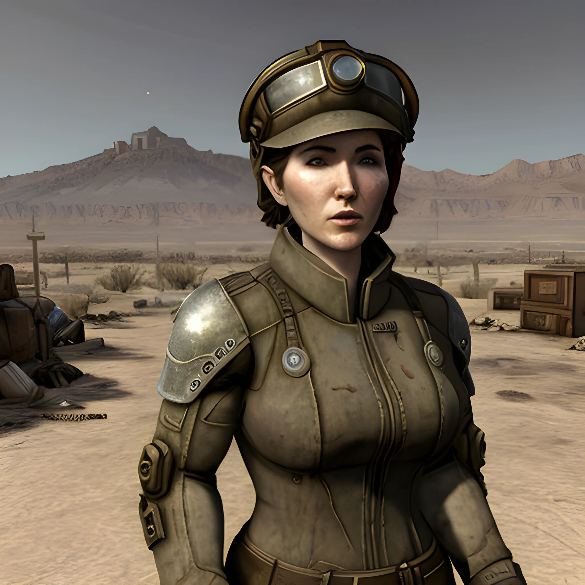 In the style of Fallout New Vegas, masterpiece, Jewel Staite as a Brotherhood of Steel Scribe with a dirty face and tilted cap
