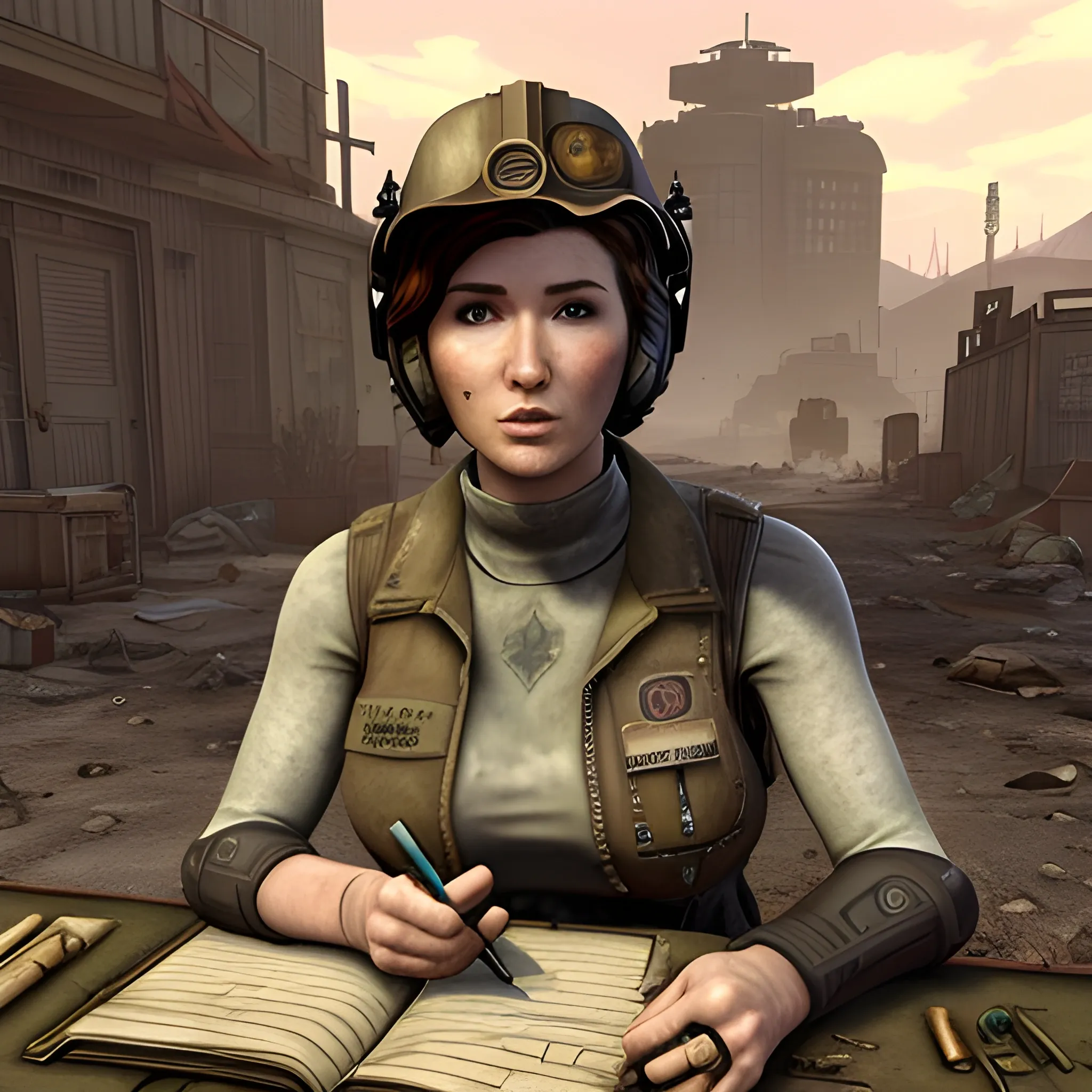 In the style of Fallout New Vegas, masterpiece, Jewel Staite as a Brotherhood of Steel Scribe with a dirty face and tilted cap, vest full of tools and notebooks