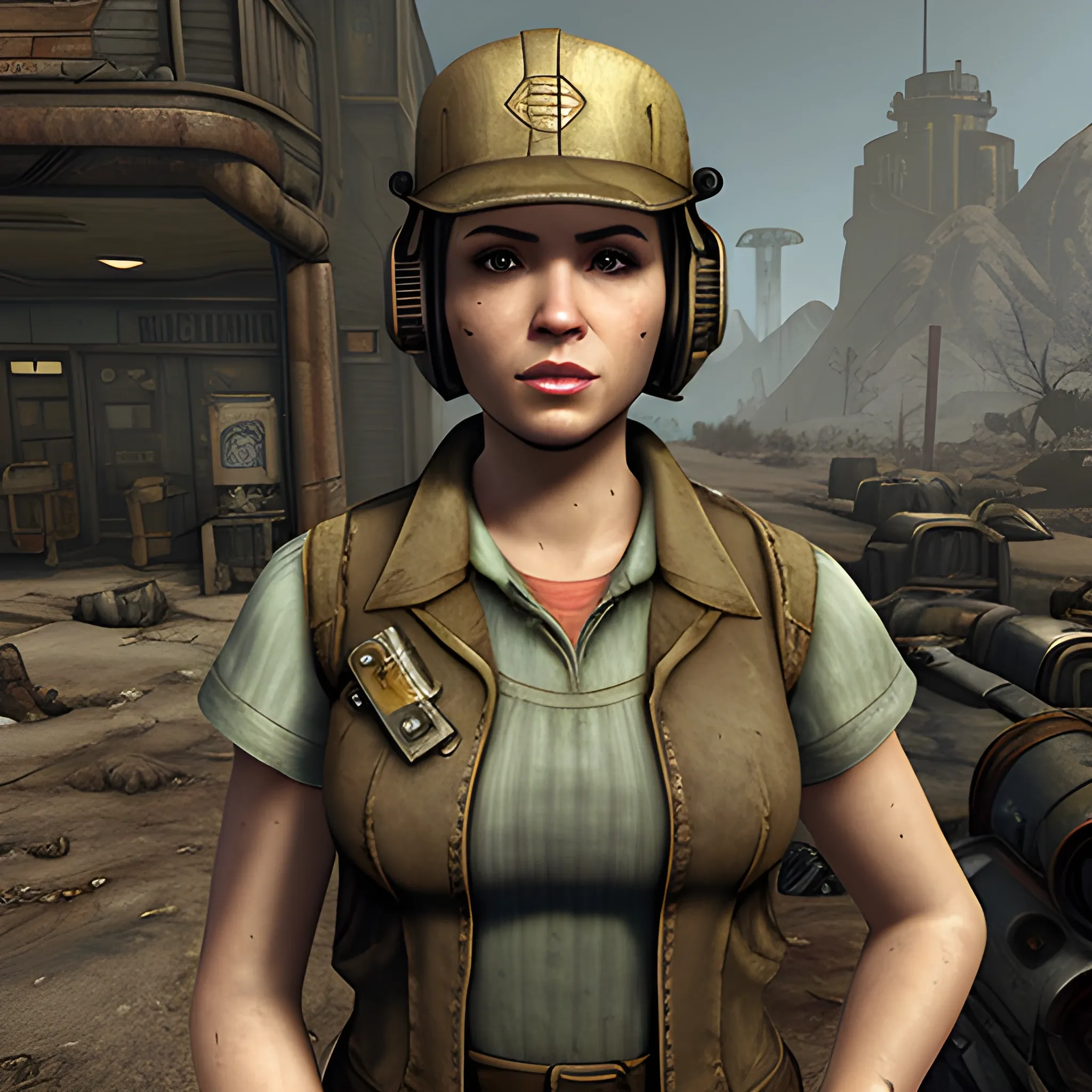 In the style of Fallout New Vegas, masterpiece, Kaylee from Firefly as a Brotherhood of Steel Scribe with a dirty face and tilted cap, vest full of tools and notebooks