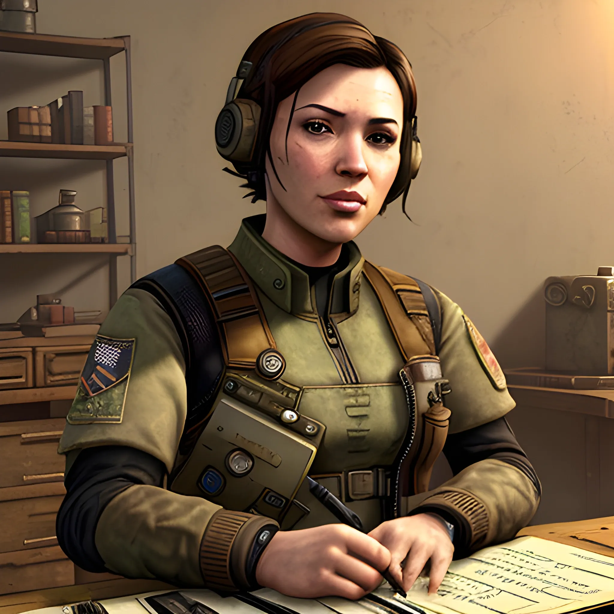 In the style of Fallout New Vegas, masterpiece, Kaylee from Firefly as a Brotherhood of Steel Scribe with a dirty face in a brown uniform and black tactical vest on top full of tools and notebooks