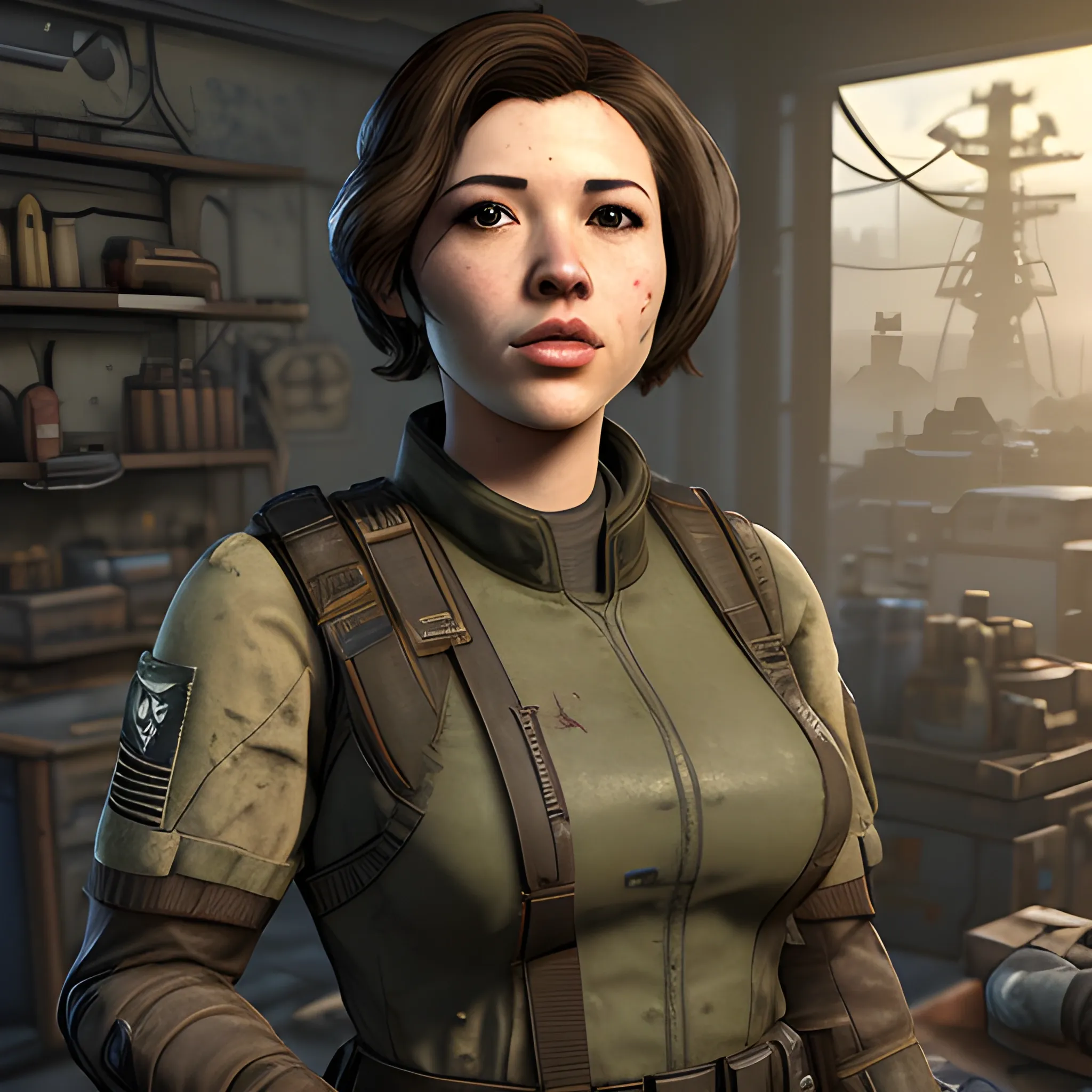 In the style of Fallout 4, masterpiece, Kaylee from Firefly as a Brotherhood of Steel Scribe with a dirty face in a brown uniform and black tactical vest on top full of tools and notebooks
