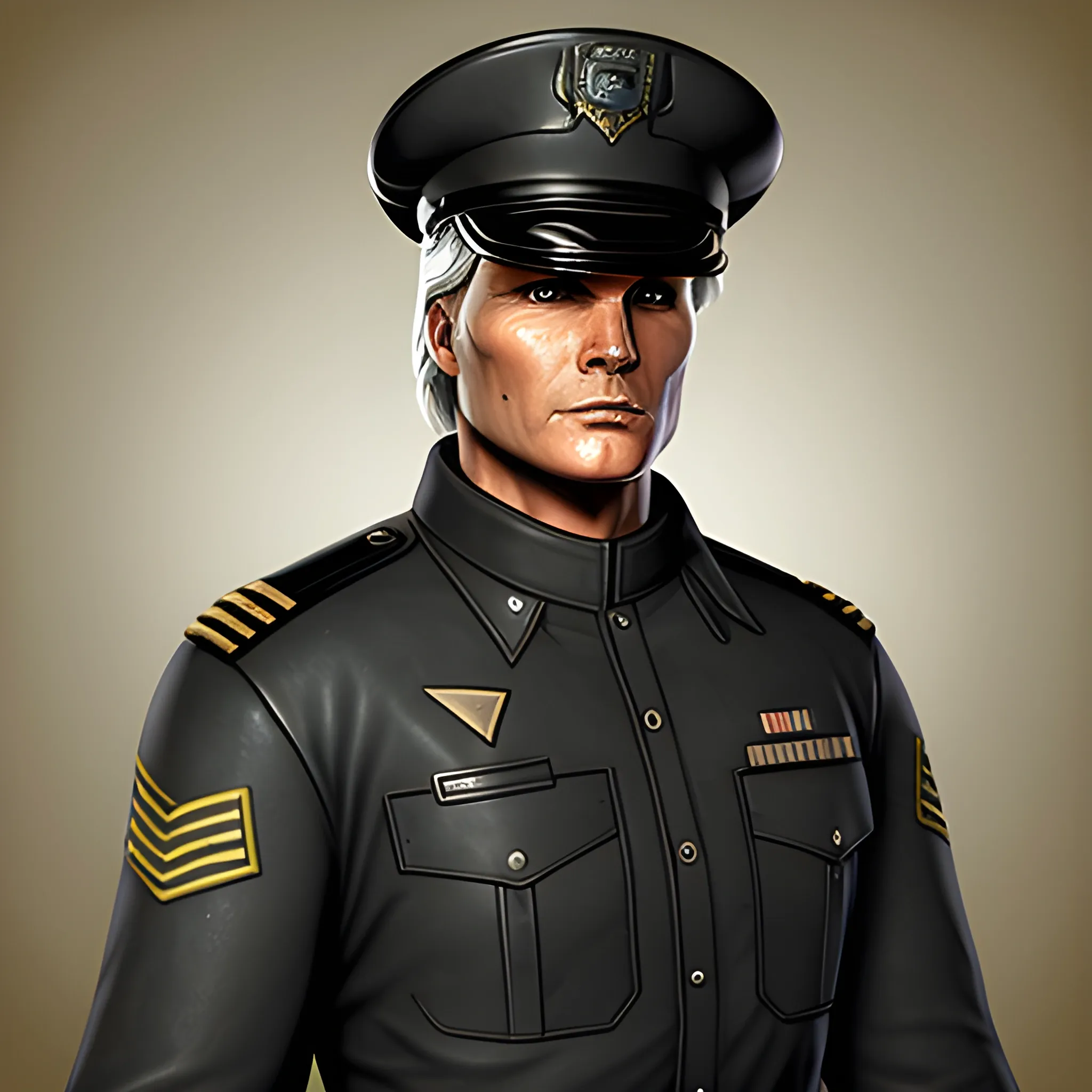 In the style of Fallout 4, masterpiece, Richard Dean Anderson from 1985 as an Enclave officer in a crisp black uniform complete with officers hat