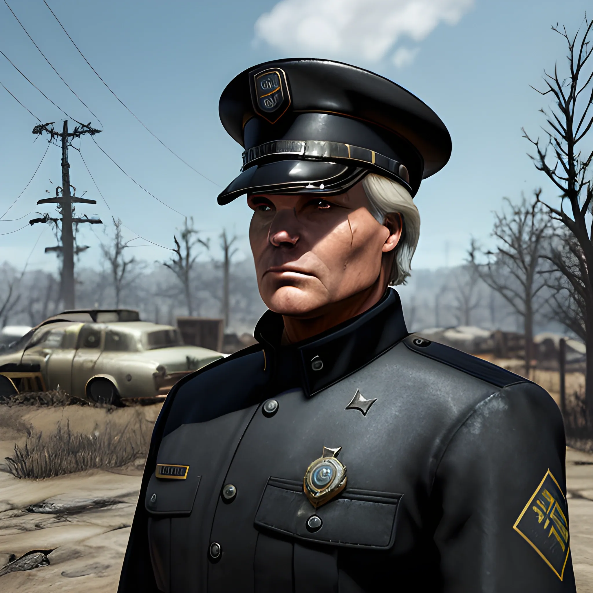 In the style of Fallout 4, masterpiece, Richard Dean Anderson from 1985 as an Enclave officer in a crisp black uniform complete with officers hat. The insignia is an E surrounded by 13 stars