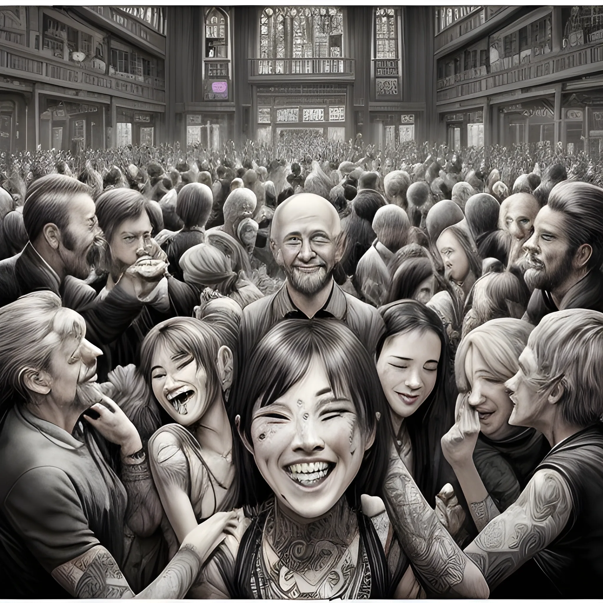  (In the style of inked)Create an image depicting a person  surrounded by friends in social setting, such as a lively party filled with people engaging in various activities like talking, laughing, and dancing. The central person appears to be smiling and interacting with others, but there is sadness or emptiness in their eyes, emphasizing the contrast between the superficial happiness and the inner struggle of loneliness, (high quality), (detailed), (masterpiece), (best quality) (extremely detailed)