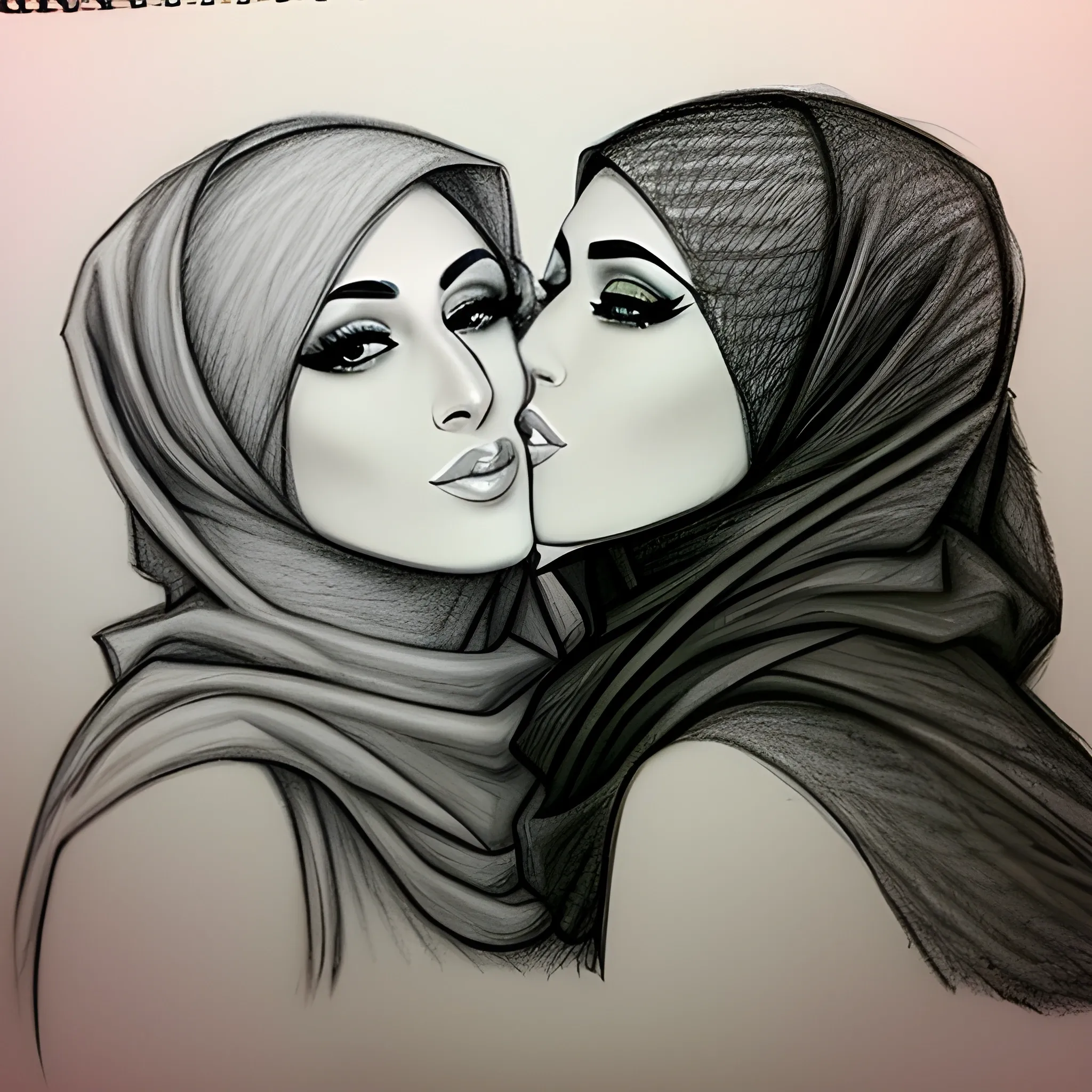 two hijab girls kissing , Pencil Sketch