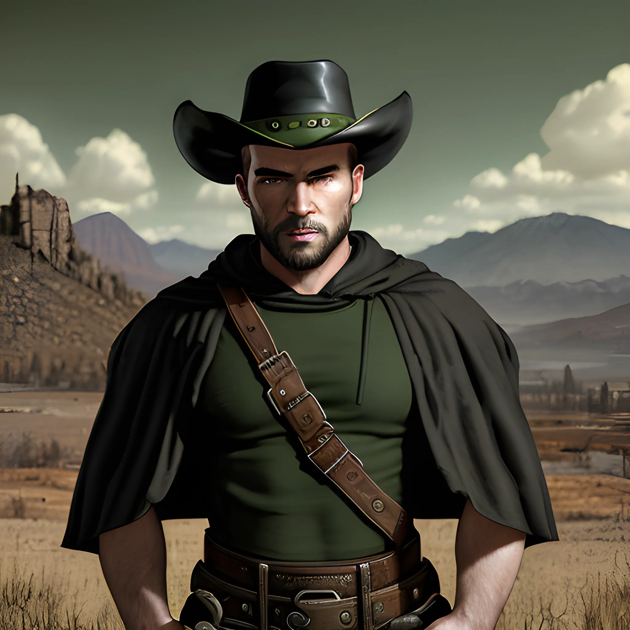 In the style of Fallout 1, (masterpiece), (portrait photography), (portrait of an adult Caucasian male), muscular, tam cloak over his shoulder, cowboy hat, harness armor, black t-shirt, black hair, green eyes