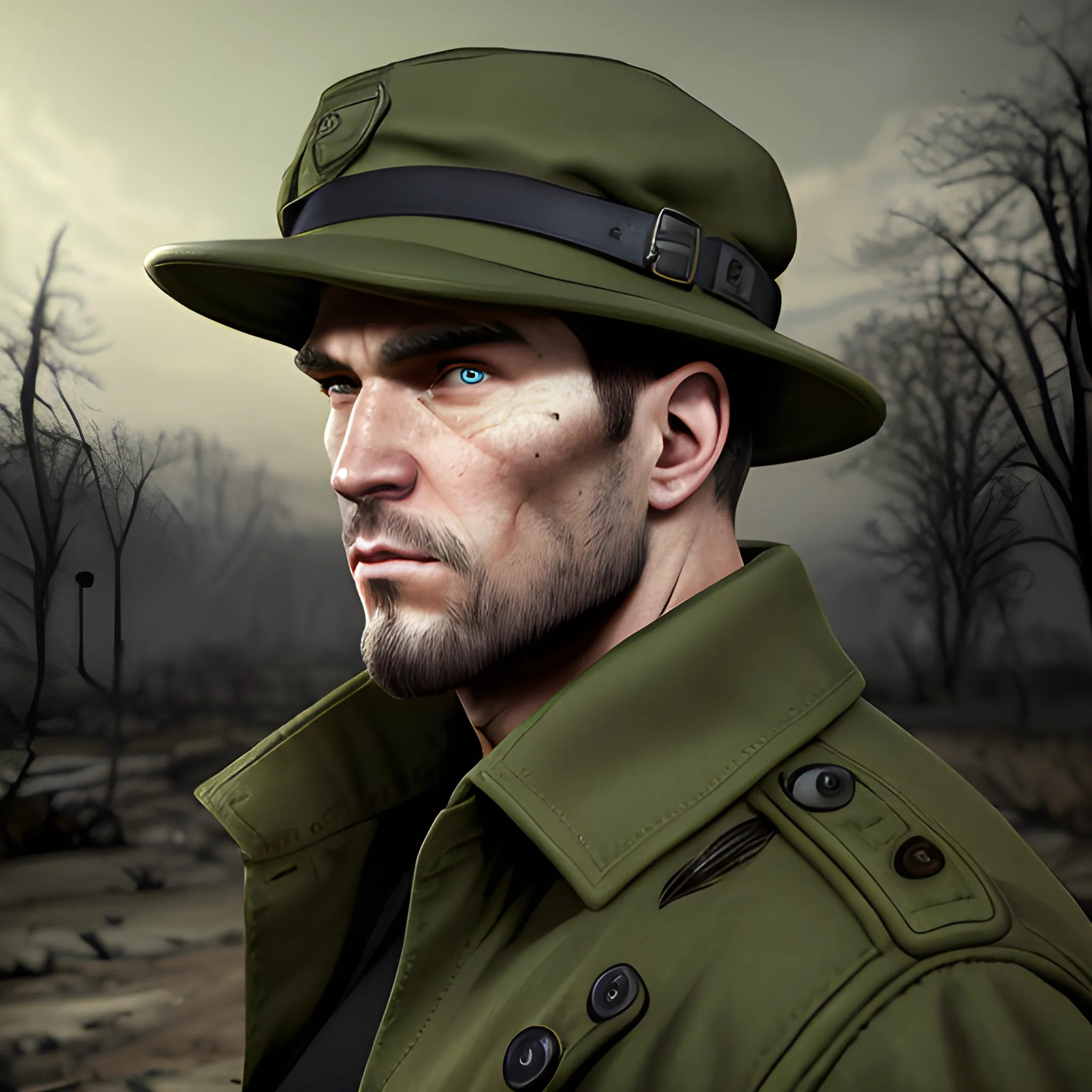 In the style of Fallout 1, (masterpiece), (portrait photography), (portrait of an adult Caucasian male), muscular, tam cloak over his shoulder,Army Green Fedora,Army Green trench coat, black t-shirt, black hair, Hazel eyes