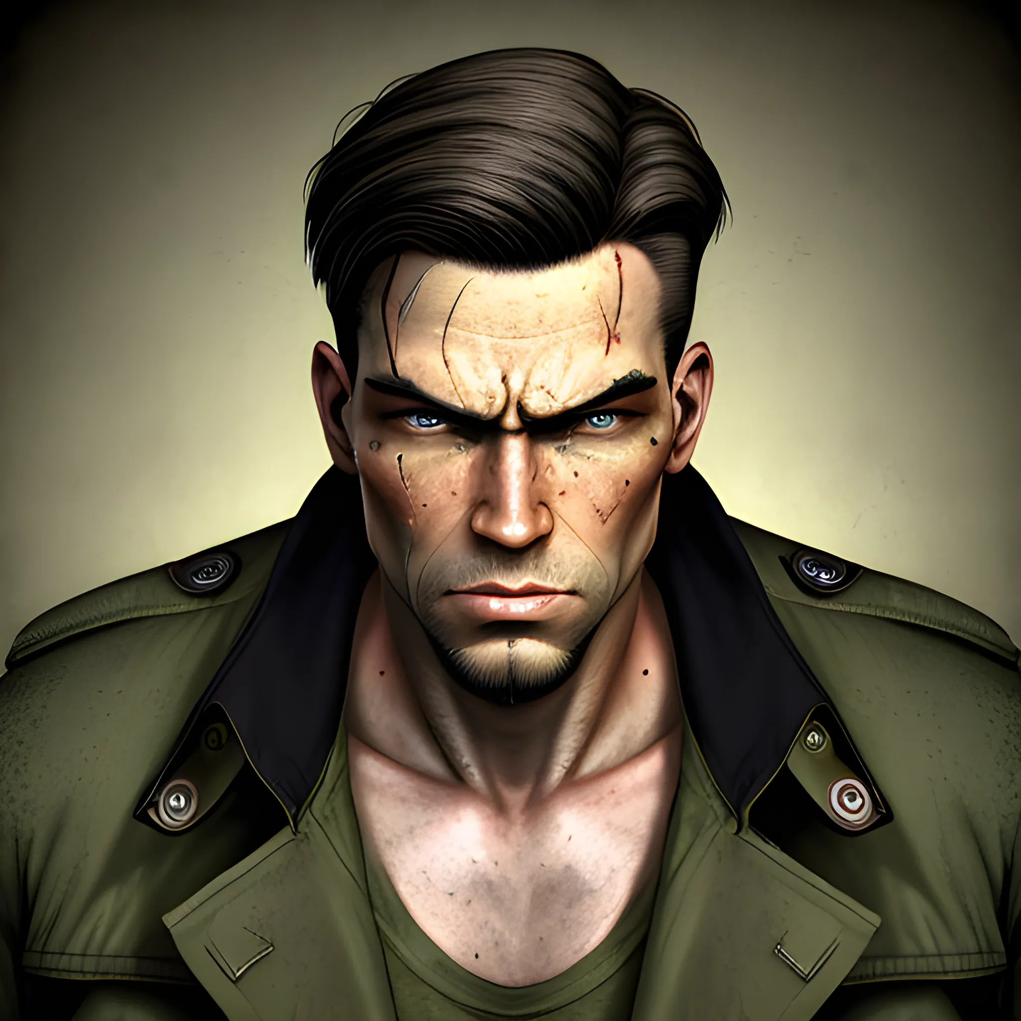 In the style of Fallout 1, (masterpiece), (portrait photography), (portrait of an adult Caucasian male), muscular, Army Green trench coat, black t-shirt, black hair, Hazel eyes, Slash scar on right eye