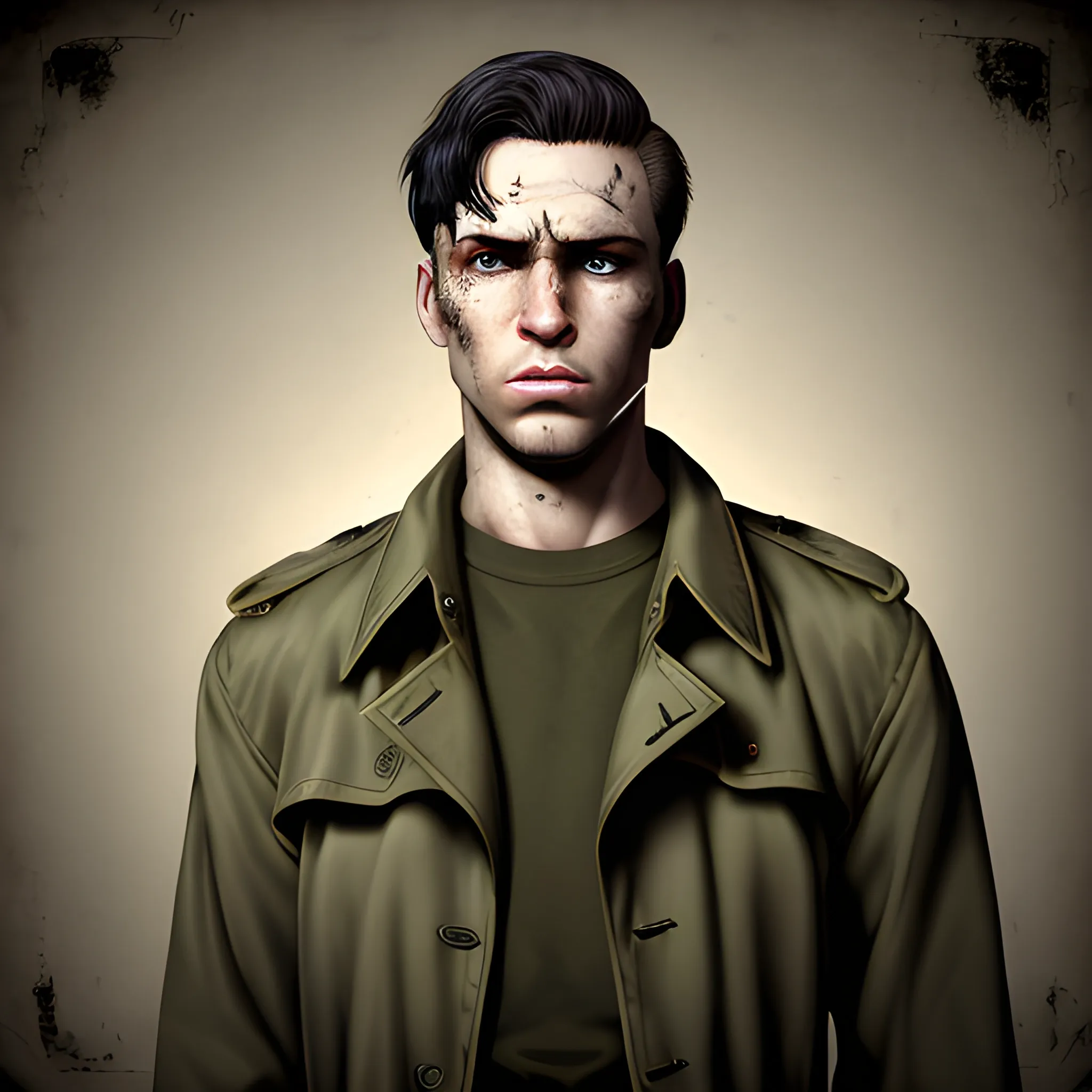 In the style of Fallout 1, (masterpiece), (portrait photography), (portrait of an adult Caucasian male), Army Green trench coat, black t-shirt, black hair, Hazel eyes, Slash scar on right eye, blond hair