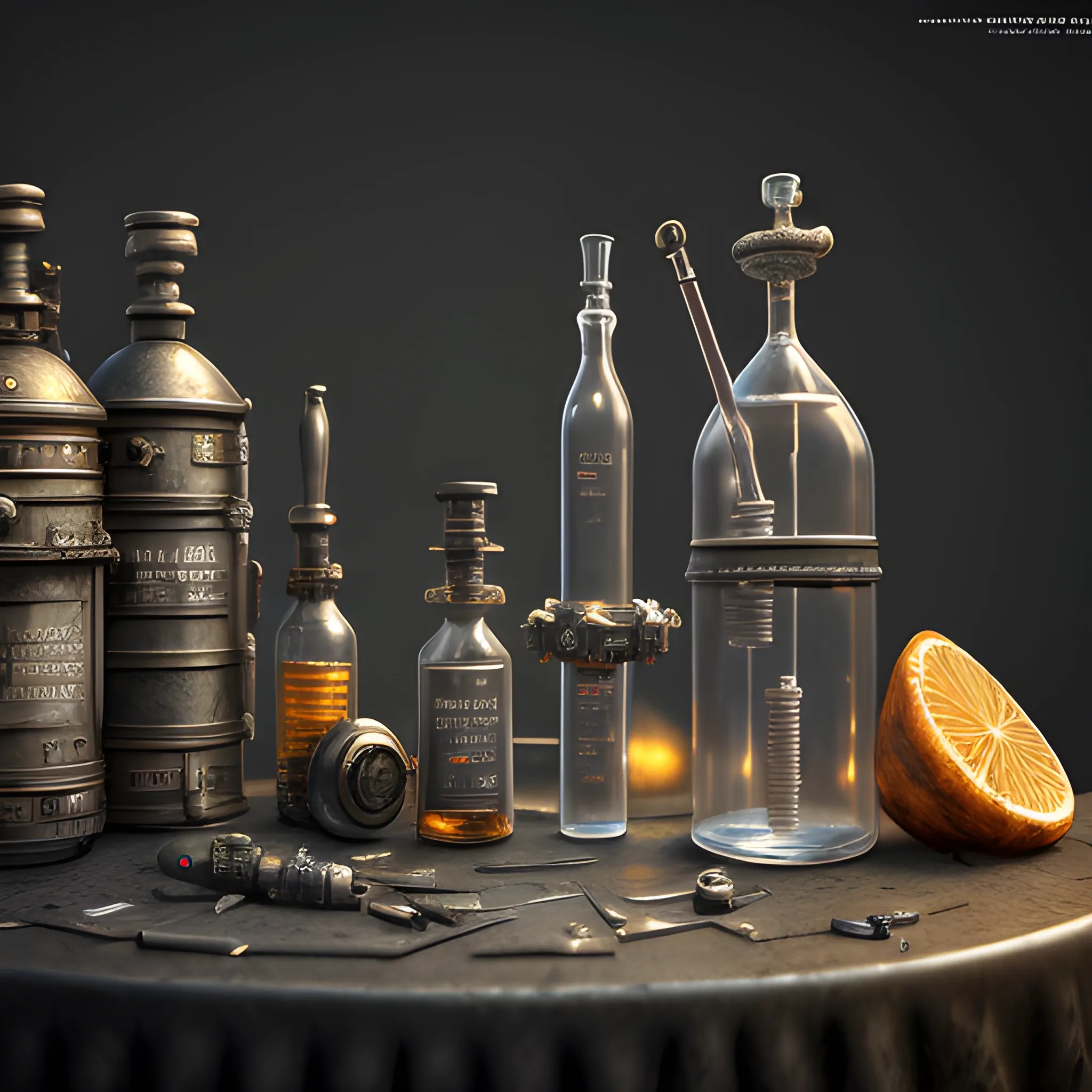 mediaval syringe on the table, black background, fantasy, 8k high resolution, high quality, photorealistic, hyperrealistic, detailed, detailed matte painting, deep color, fantastical, intricate detail, splash screen, complementary colors, fantasy concept art, 8k resolution trending on Artstation Unreal