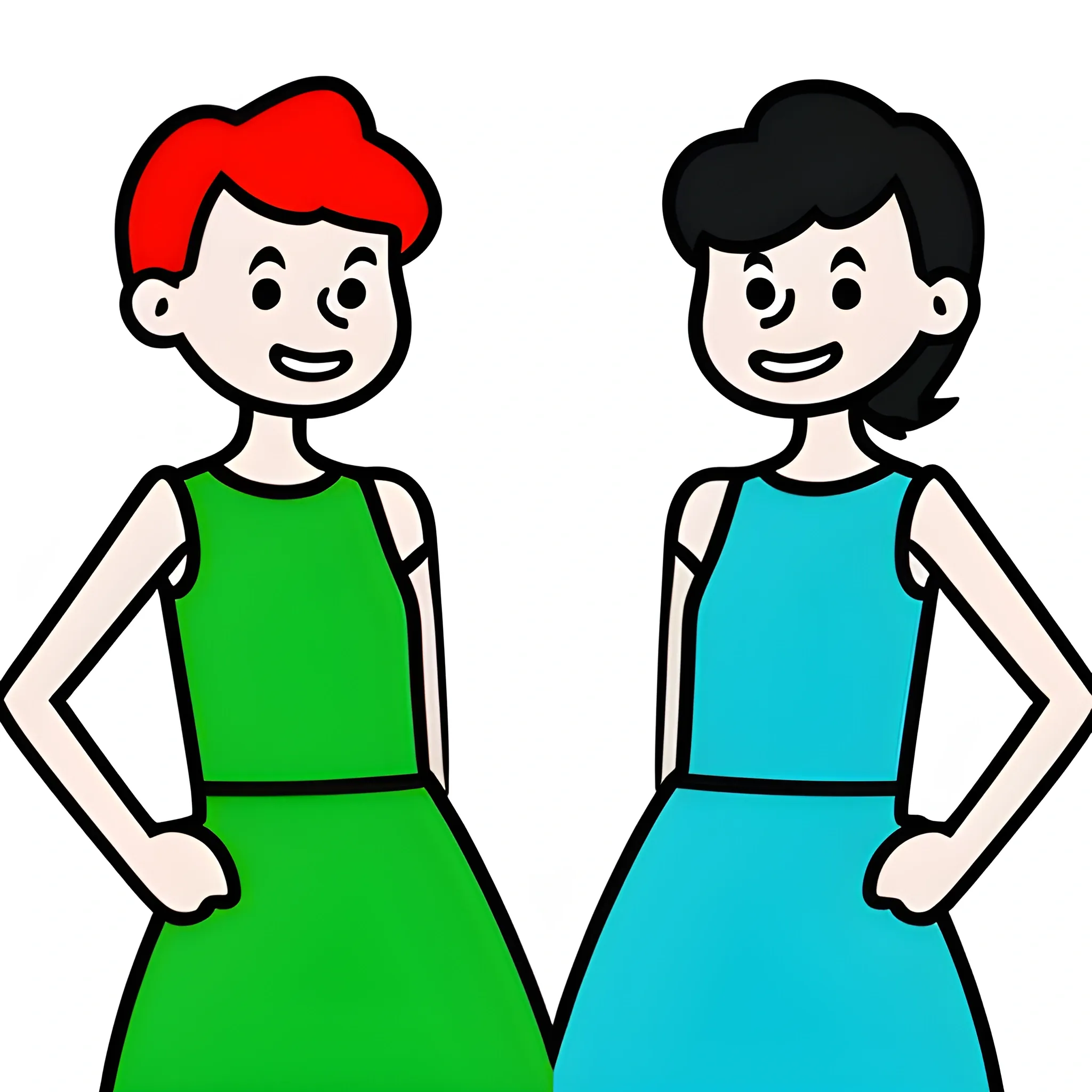 profile picture for youtube channel minimalist for videos content , CartoonI want the picture to be for 2 people and one person wears a green dress and one on the left side of the screen is red